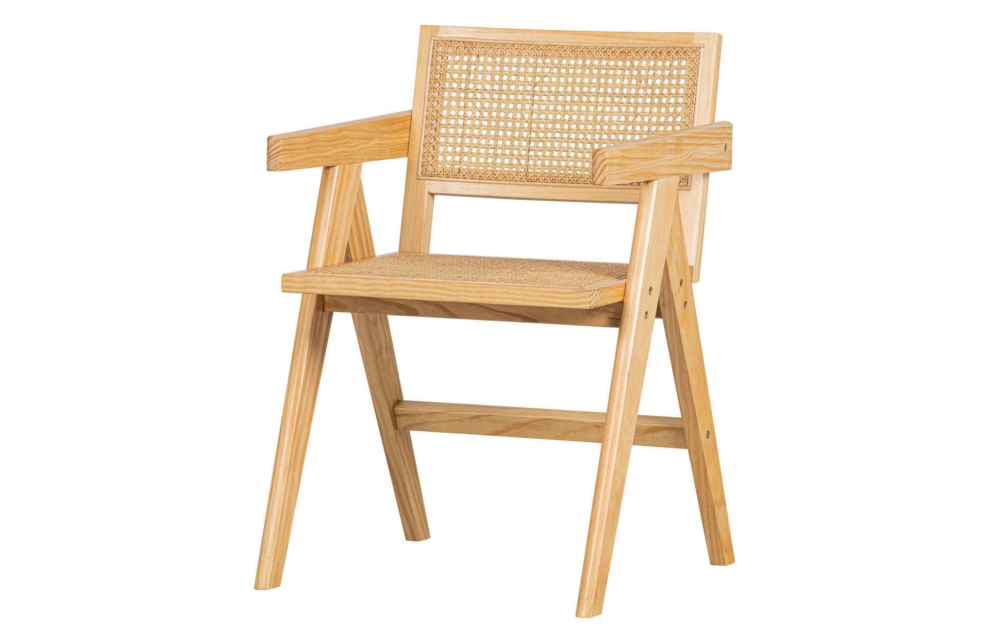 Der Esszimmerstuhl Gunn besitzt ein Skandinavisches Design. Gefertigt wurde der Stuhl aus Rattan und Kiefernholz, welches eine natürliche Farbe besitzt.