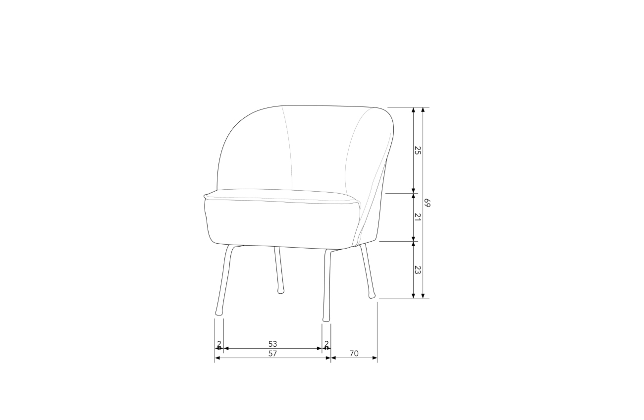 Der Sessel Vogue überzeugt mit seinem modernen Stil. Gefertigt wurde er aus Struktursamt, welches einen graugrünen Farbton besitzt. Das Gestell ist aus Metall und hat eine schwarze Farbe. Der Sessel besitzt eine Größe von 57x70 cm.