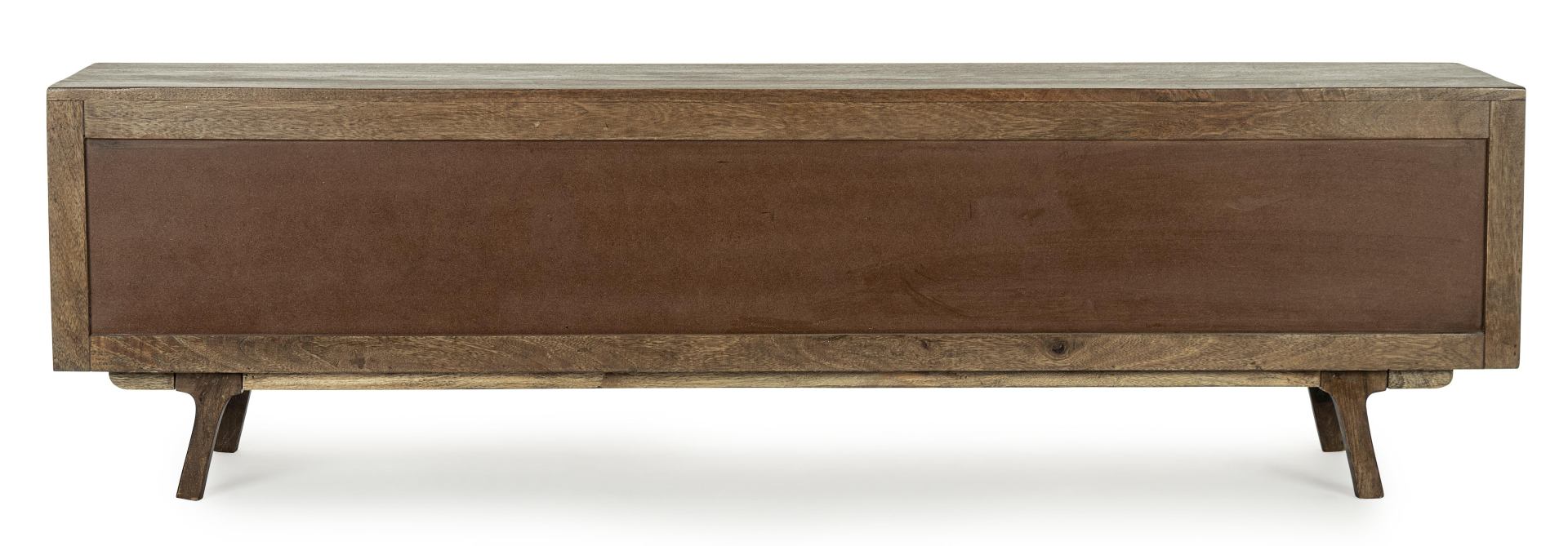 Das TV Board Sherman überzeugt mit seinem klassischen Design. Gefertigt wurde es aus Mangoholz, welches einen natürlichen Farbton besitzt. Das Gestell ist auch aus Mangoholz. Das TV Board verfügt über zwei Schiebetüren und drei Schubladen. Die Breite betr