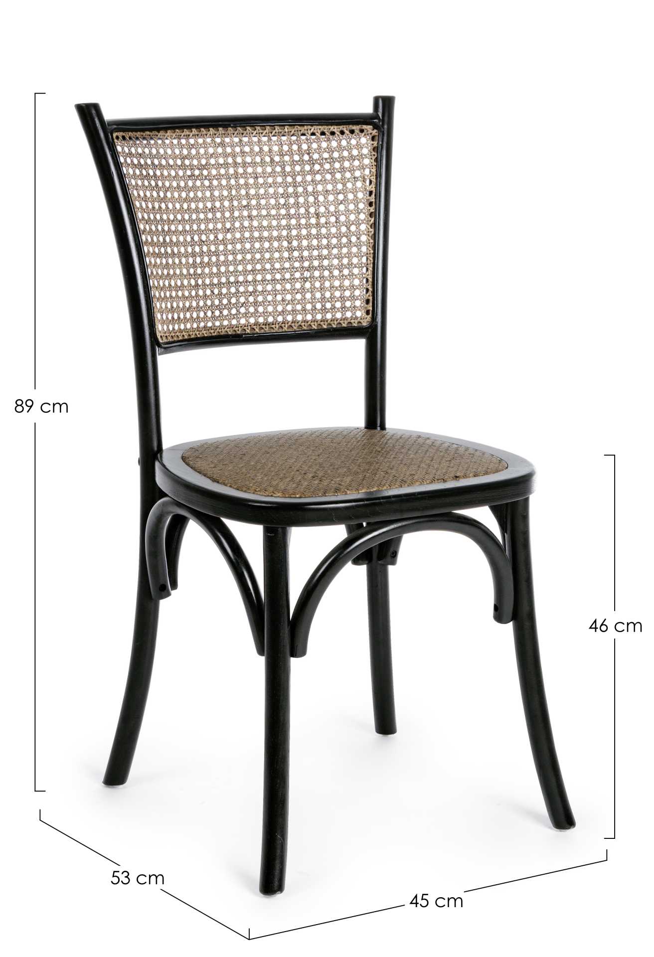 Der Stuhl Carrel überzeugt mit seinem klassischen Design. Gefertigt wurde der Stuhl aus Ulmenholz, welches einen schwarzen Farbton besitzt. Die Sitz- und Rückenfläche sind aus Rattan. Die Sitzhöhe beträgt 46 cm.