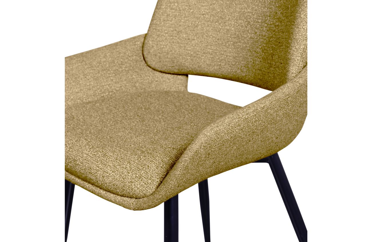 Der Esszimmerstuhl Parade überzeugt mit seinem modernen Design. Gefertigt wurde er aus Melange-Stoff, welcher einen Senf Farbton besitzt. Das Gestell ist aus Metall und hat eine schwarze Farbe. Der Stuhl besitzt eine Sitzhöhe von 49 cm.