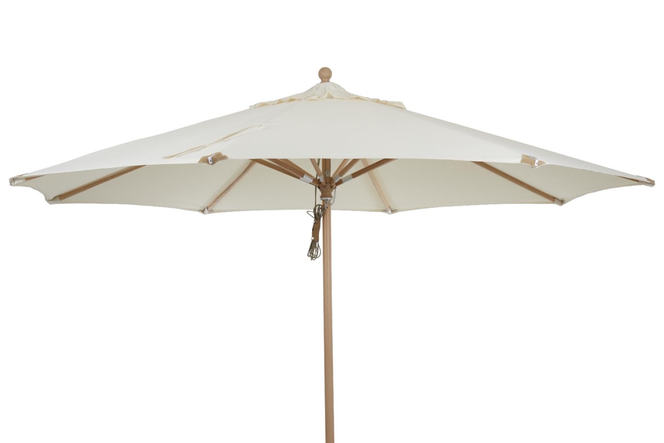 Der Sonnenschirm Paliano überzeugt mit seinem modernen Design. Gefertigt wurde er aus Kunstfasern, welcher einen weißen Farbton besitzt. Das Gestell ist aus Buchenholz und hat eine natürliche Farbe. Der Schirm hat einen Durchmesser von 350 cm.