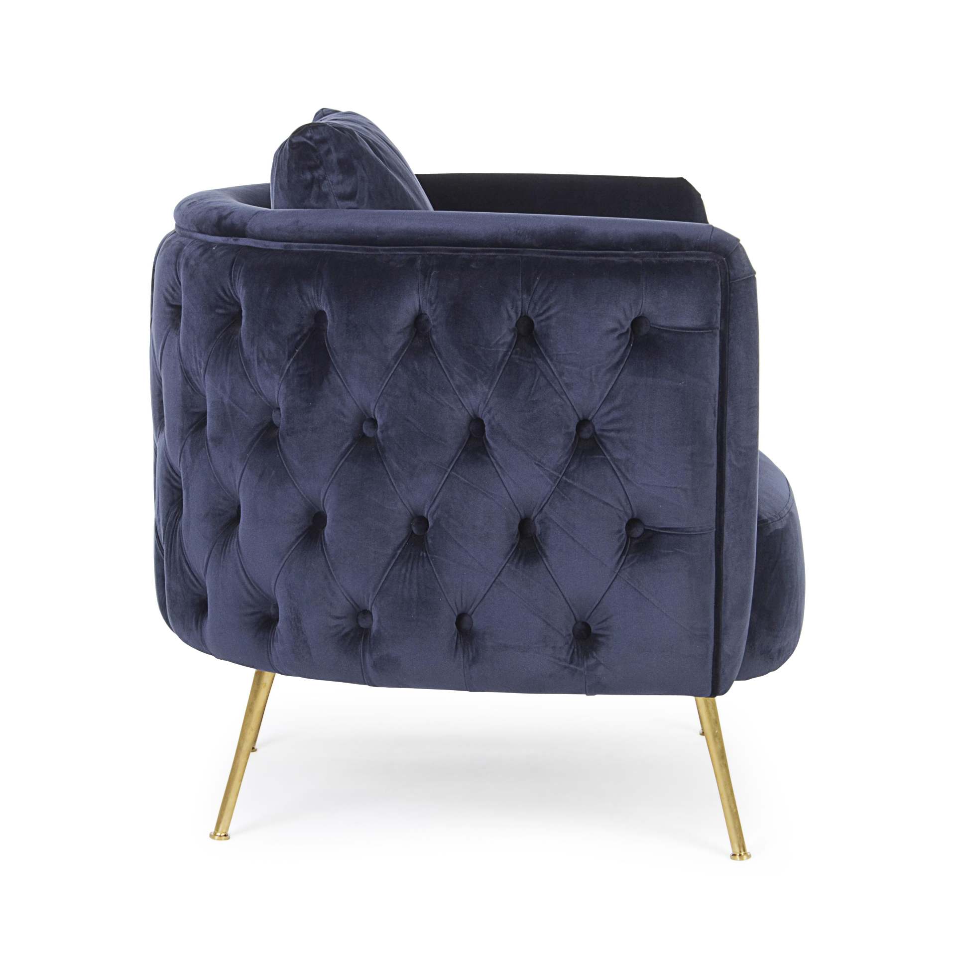 Der Sessel Tenbury überzeugt mit seinem modernen Design. Gefertigt wurde er aus Stoff in Samt-Optik, welcher einen blauen Farbton besitzt. Das Gestell ist aus Metall und hat eine goldene Farbe. Der Sessel besitzt eine Sitzhöhe von 42 cm. Die Breite beträg