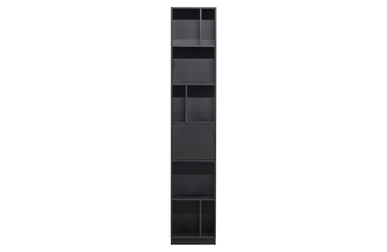 Das Regal Fianca überzeugt mit seinem modernen Design. Gefertigt wurde es aus Kiefernholz, welches einen schwarzen Farbton besitzt. Das Regal besitzt eine Größe von 40x40x210 cm und ist beliebig mit anderen Teilen kombinierbar.