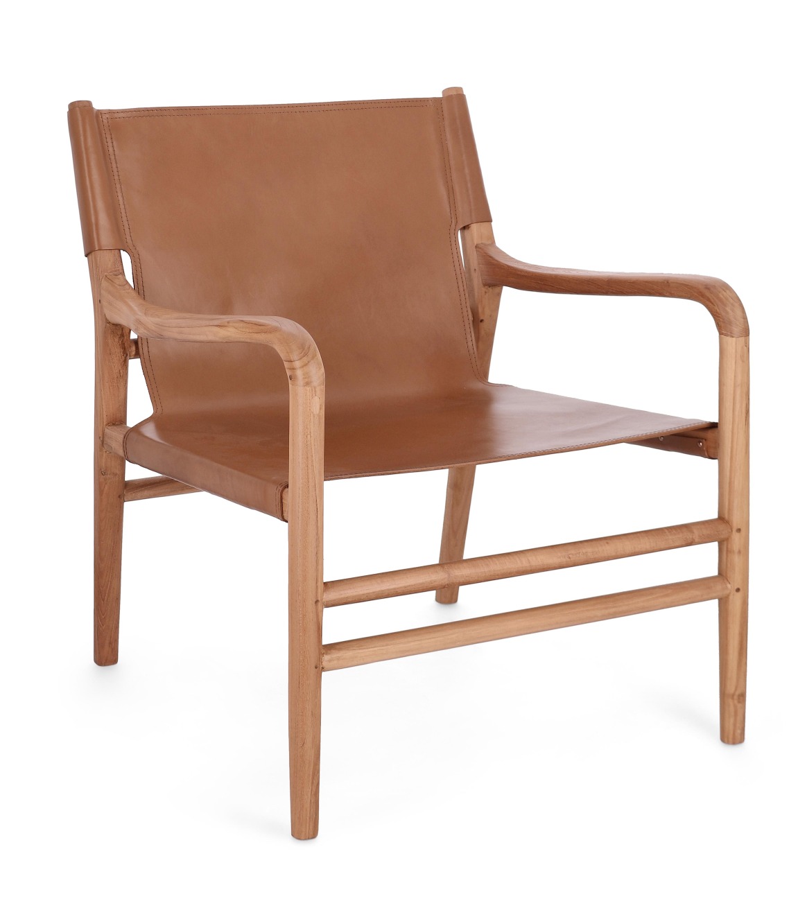 Der Sessel Caroline überzeugt mit seinem modernen Stil. Gefertigt wurde er aus Leder, welches einen Cognac Farbton besitzt. Das Gestell ist aus Teakholz und hat eine natürliche Farbe. Der Sessel besitzt eine Sitzhöhe von 57 cm.