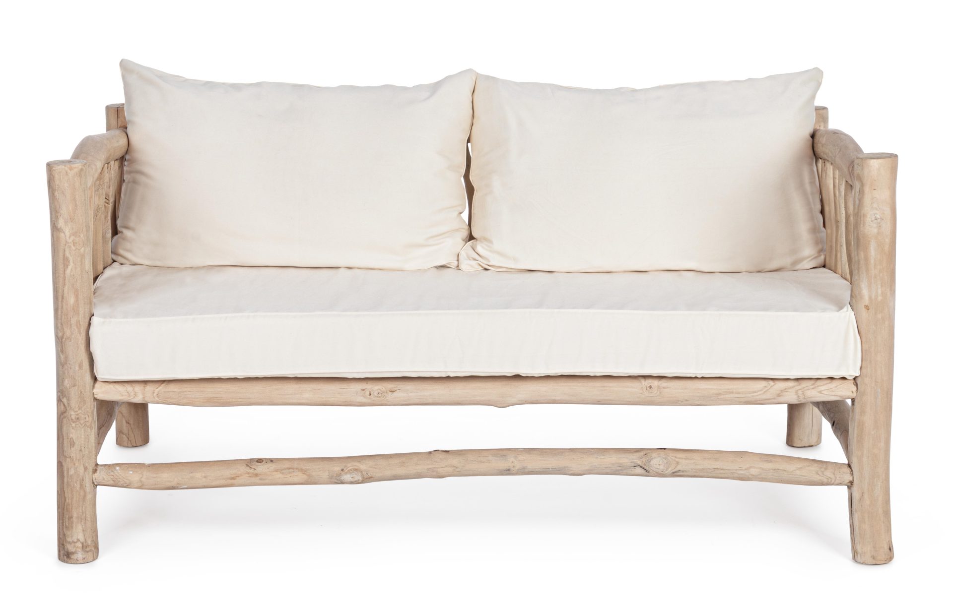 Das Sofa Sahel überzeugt mit seinem klassischen Design. Gefertigt wurde es aus Teakholz, welches einen natürlichen Farbton besitzt. Die Kissen sind aus einem Mix aus Baumwolle und Leinen. Das Sofa ist in der Ausführung als 2-Sitzer. Die Breite beträgt 140