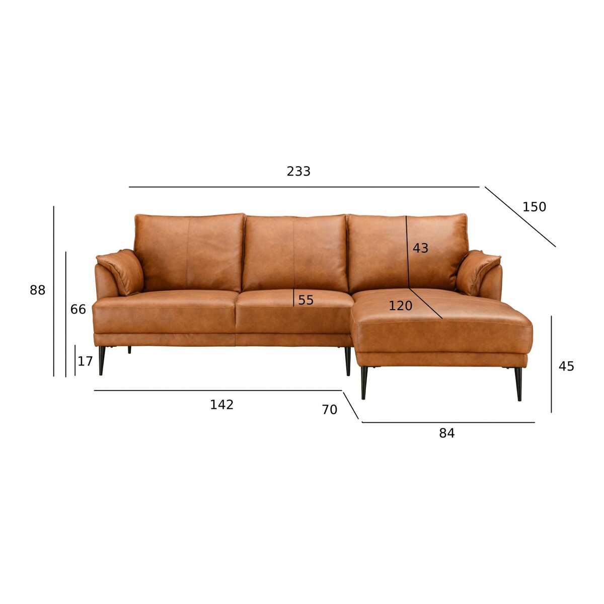 Ecksofa Luso Cognac Echtleder - Rechte Recamiere, Taschenfederkern & Metallfüßen