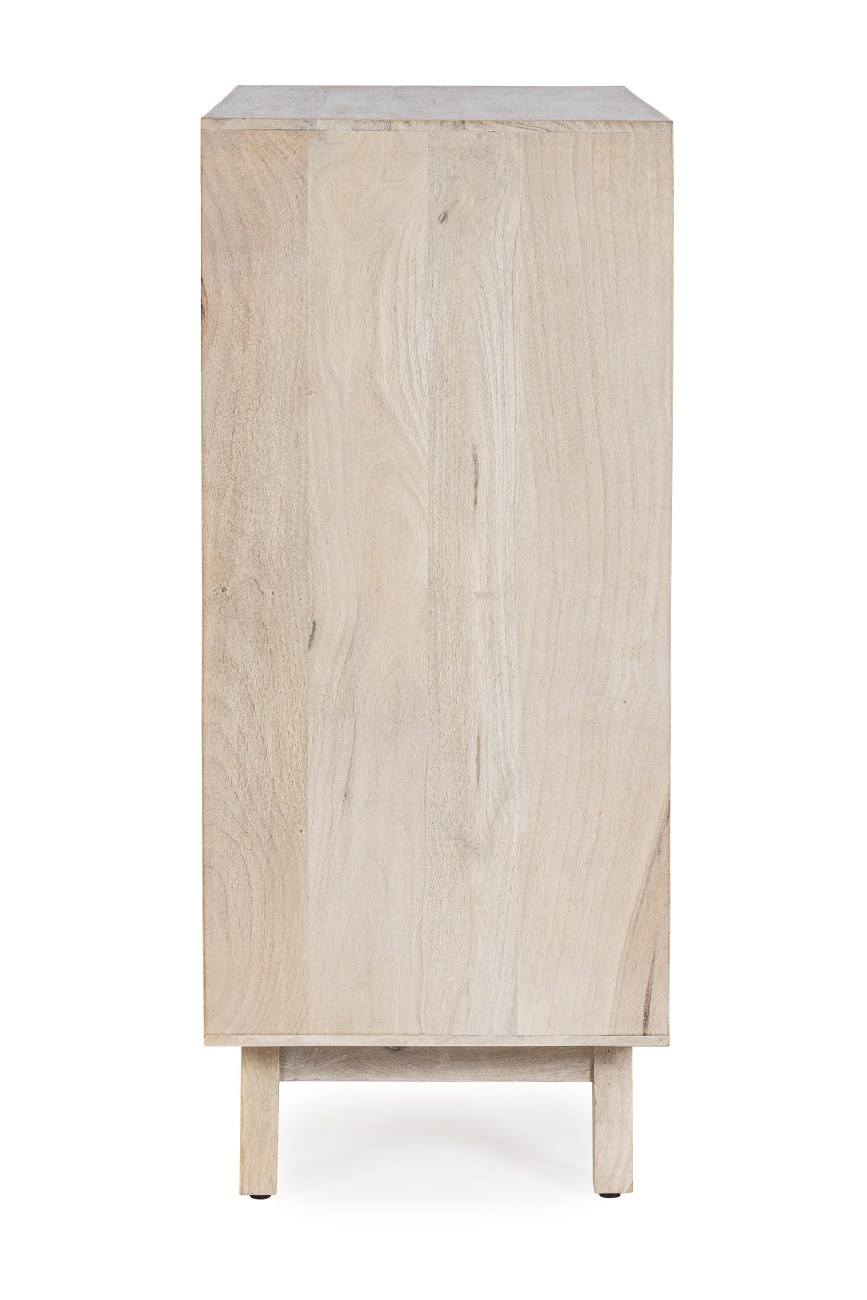 Das Highboard Indria überzeugt mit seinem modernen Stil. Gefertigt wurde es aus Mangoholz, welches einen natürlichen Farbton besitzt. Das Gestell ist auch aus Mangoholz und hat eine natürliche Farbe. Das Highboard verfügt über zwei Türen und drei Fächer.