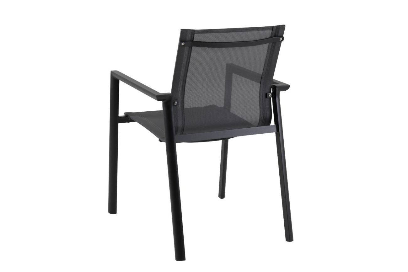 Der Gartenstuhl Delia überzeugt mit seinem modernen Design. Gefertigt wurde er aus Textilene, welches einen schwarzen Farbton besitzt. Das Gestell ist aus Metall und hat eine schwarze Farbe. Die Sitzhöhe des Stuhls beträgt 43 cm.