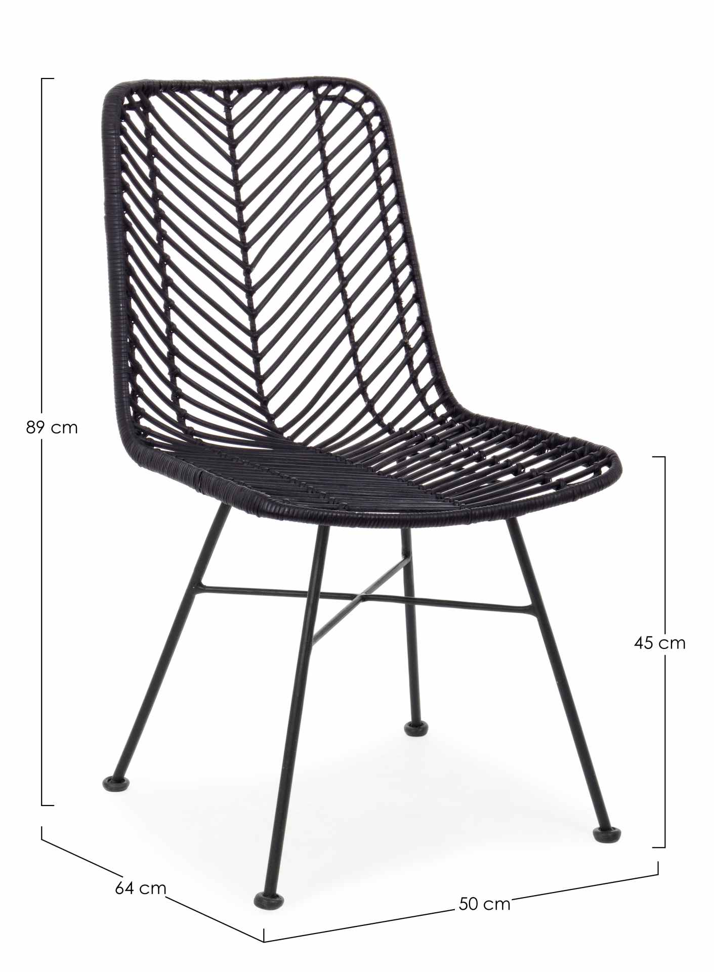 Der Stuhl Lorena überzeugt mit seinem modernem aber auch besonderem Design. Gefertigt wurde der Stuhl aus Rattan, welcher einen schwarzen Farbton besitzt. Das Gestell ist aus Metall und ist Schwarz. Die Sitzhöhe beträgt 45 cm.