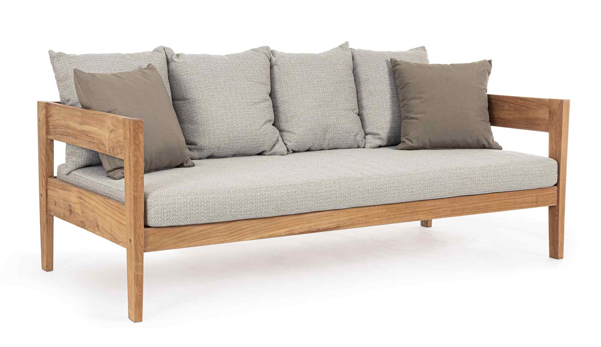 Das Gartensofa Kobo überzeugt mit seinem klassischen Design. Gefertigt wurde es aus Teakholz, welche einen natürlichen Farbton besitzt. Die Kissen und Auflagen haben eine hellgraue Farbe. Das Sofa verfügt über eine Sitzhöhe von 41 cm und ist für den Outdo