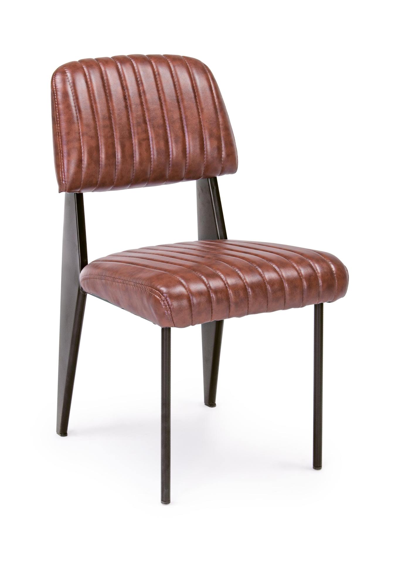 Der Stuhl Nelly überzeugt mit seinem industriellen Design. Gefertigt wurde der Stuhl aus Kunstleder, welches einen Cognac Farbton besitzt. Das Gestell ist aus Stahl und ist schwarz. Die Sitzhöhe beträgt 45 cm.