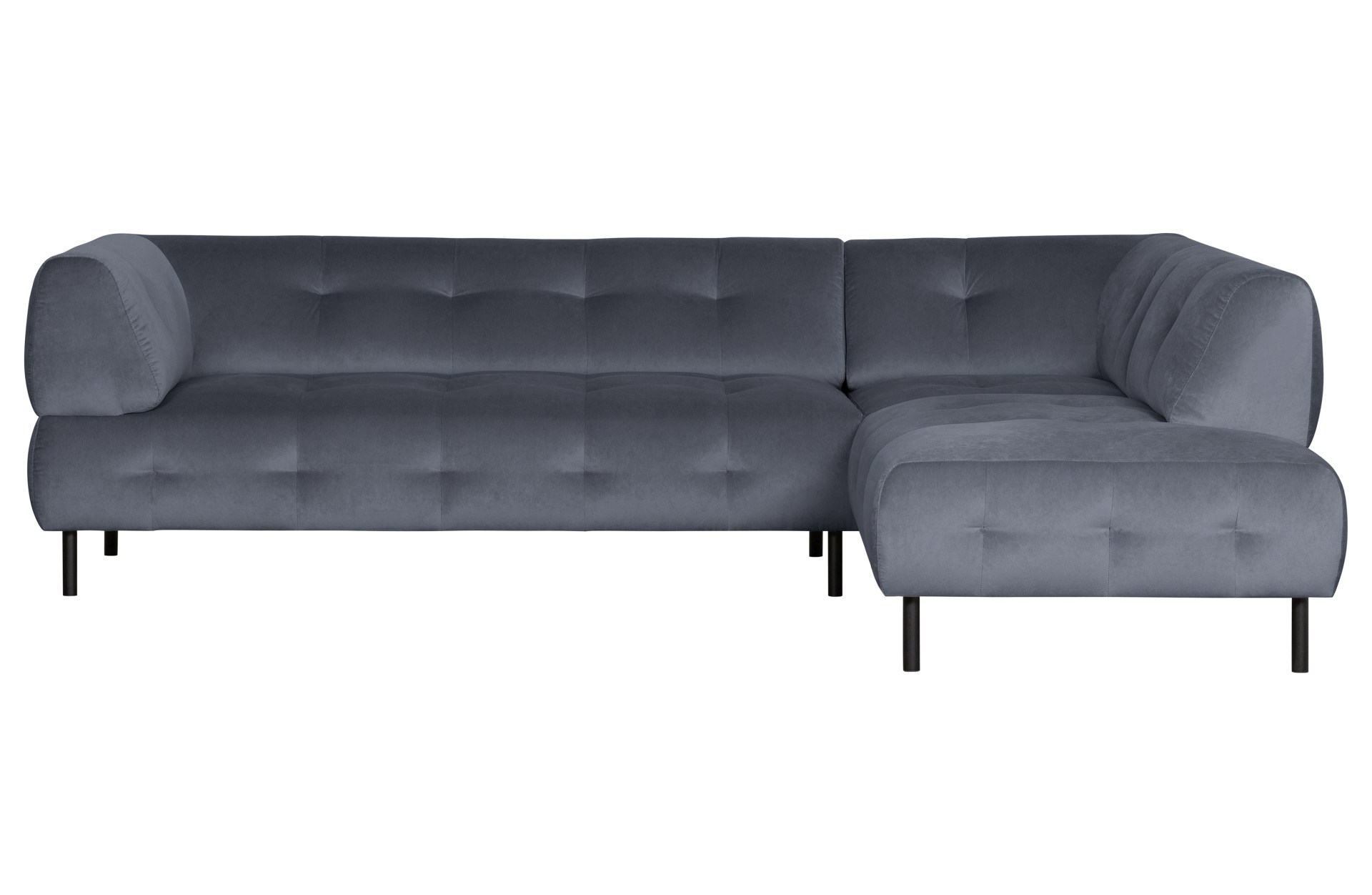 Das Ecksofa Lloyd überzeugt mit seinem modernem Design. Gefertigt wurde das Sofa aus einem Samt Bezug, welcher einen Dunkelgrau Farbton besitzt. Die Beine sind aus Metall und sind schwarz.