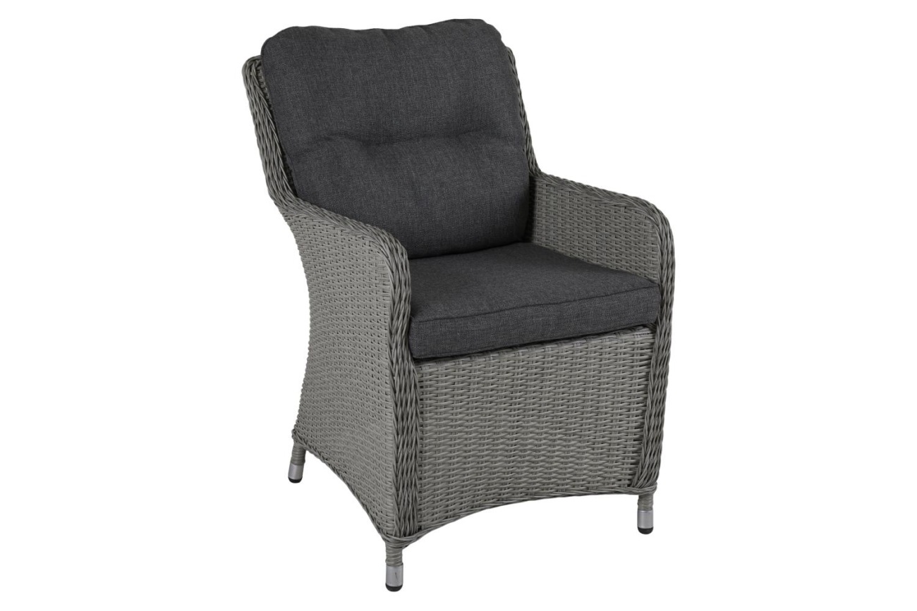 Der Gartenstuhl Hornbrook überzeugt mit seinem modernen Design. Gefertigt wurde er aus Rattan, welches einen grauen Farbton besitzt. Das Gestell ist aus Metall und hat eine schwarze Farbe. Die Sitzhöhe des Stuhls beträgt 52 cm.