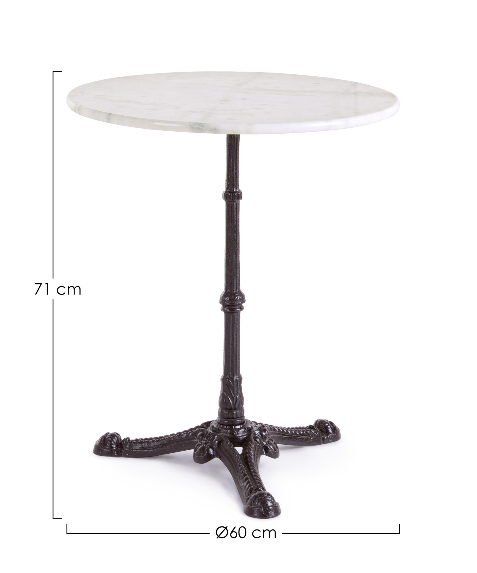 Der Esstisch Loren überzeugt mit seinem klassischem Design. Gefertigt wurde er aus Marmor, welches einen weißen Farbton besitzt. Das Gestell des Tisches ist aus Metall und besitzt eine schwarze Farbe. Der Tisch hat einen Durchmesser von 60 cm.