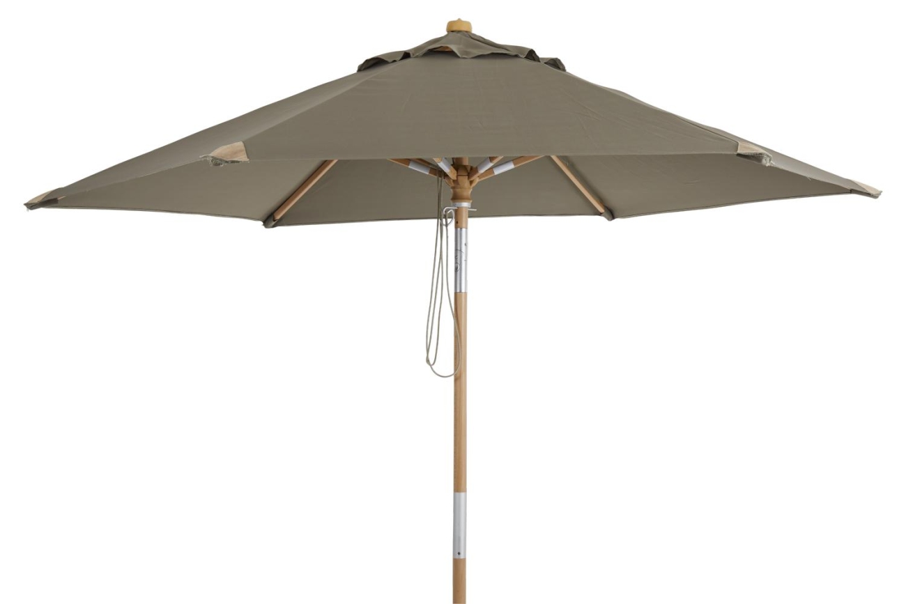Der Sonnenschirm Trieste überzeugt mit seinem modernen Design. Gefertigt wurde er aus Kunstfasern, welcher einen Taupe Farbton besitzt. Das Gestell ist aus Buchenholz und hat eine natürliche Farbe. Der Schirm hat einen Durchmesser von 250 cm.