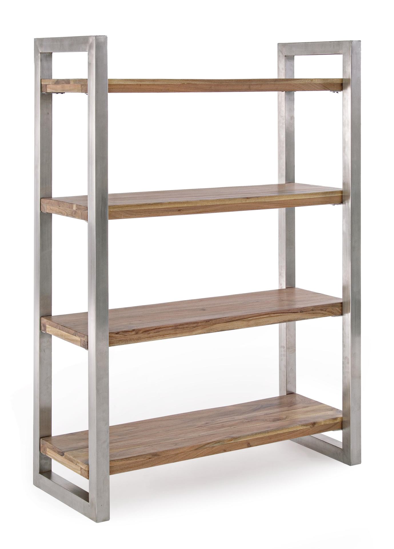 Das Bücherregal Osbert überzeugt mit seinem klassischen Design. Gefertigt wurde es aus Akazienholz, welches einen natürlichen Farbton besitzt. Das Gestell ist aus Metall und hat eine silberne Farbe. Das Bücherregal verfügt über drei Fächer. Die Breite bet