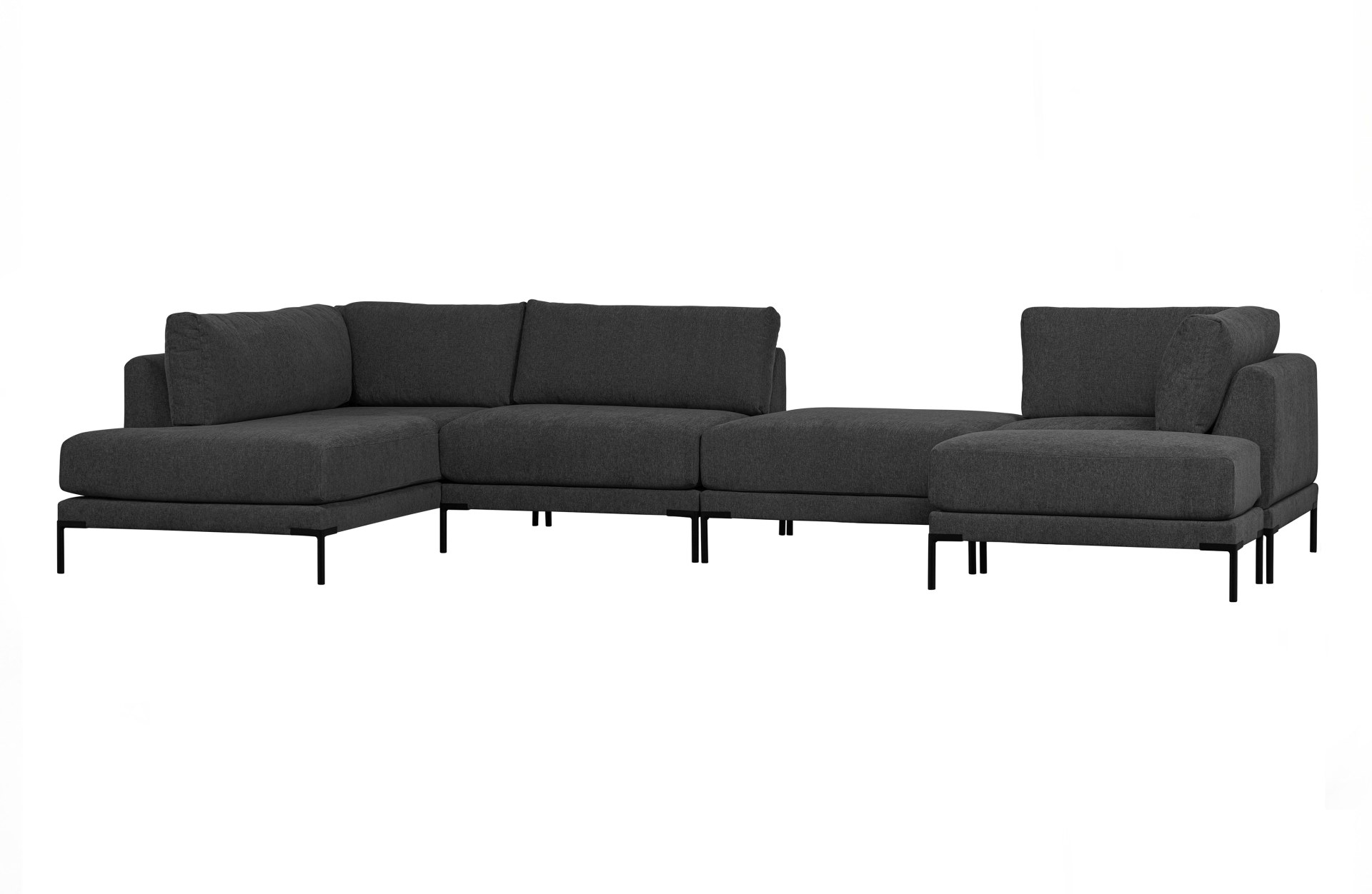 Das Modulsofa Couple Lounge überzeugt mit seinem modernen Design. Das Eck-Element wurde aus Melange Stoff gefertigt, welcher einen einen dunkelgrauen Farbton besitzen. Das Gestell ist aus Metall und hat eine schwarze Farbe. Das Element hat eine Länge von 