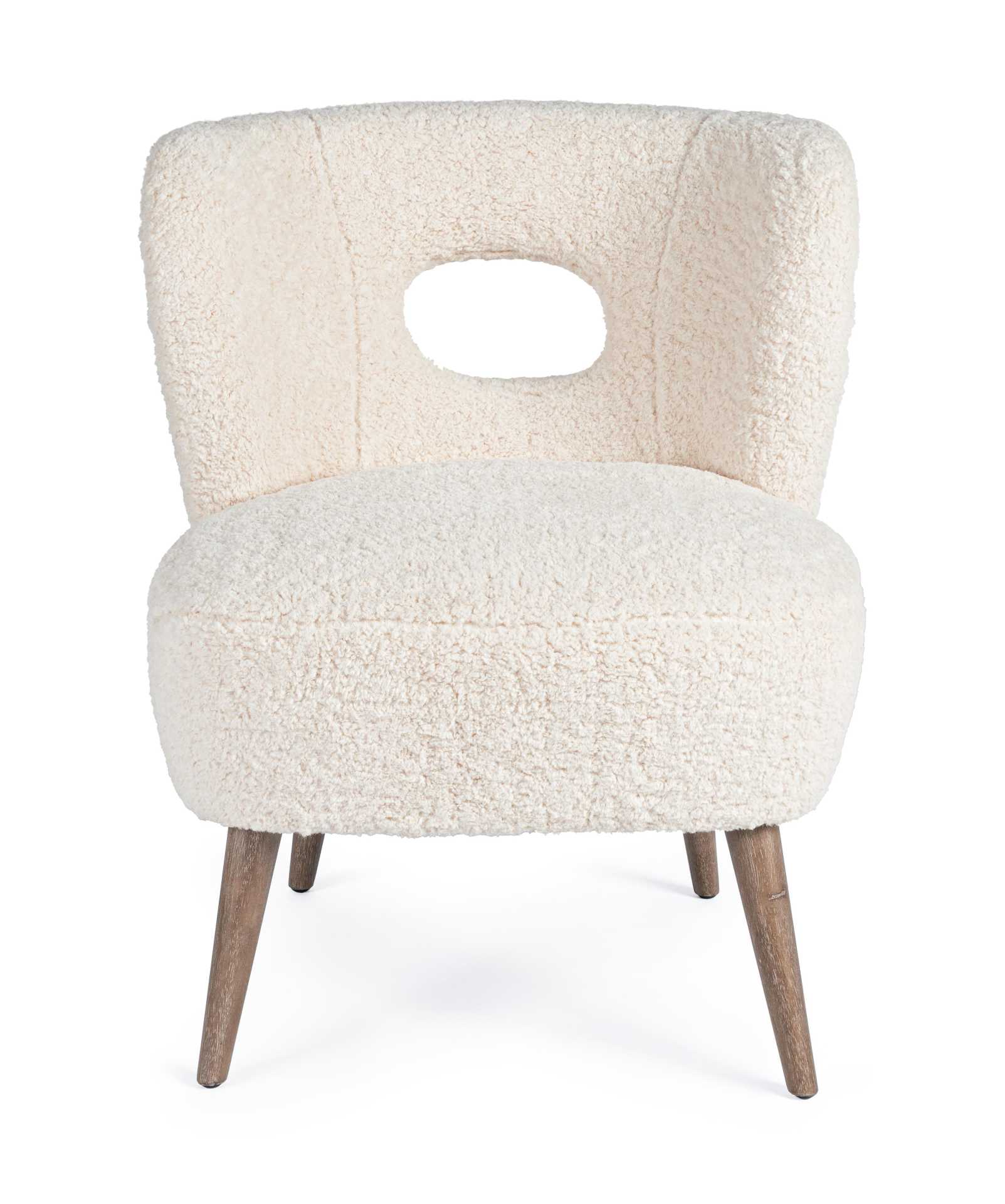 Der Sessel Cortina überzeugt mit seinem modernen Design. Gefertigt wurde er aus Teddy Stoff, welcher einen weißen Farbton besitzt. Das Gestell ist aus Kiefernholz und hat eine natürliche Farbe. Der Sessel besitzt eine Sitzhöhe von 45 cm. Die Breite beträg
