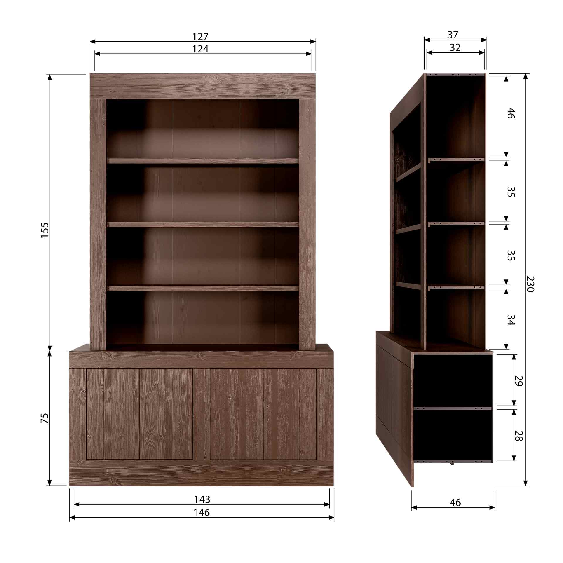 Der Buffetschrank Yumi überzeugt mit seinem modernem Design. Gefertigt wurde er aus Kiefernholz, welches einen braunen Farbton besitzt. Der Schrank verfügt über zwei Türen und drei offene Fächer. Die Breite beträgt 146 cm.