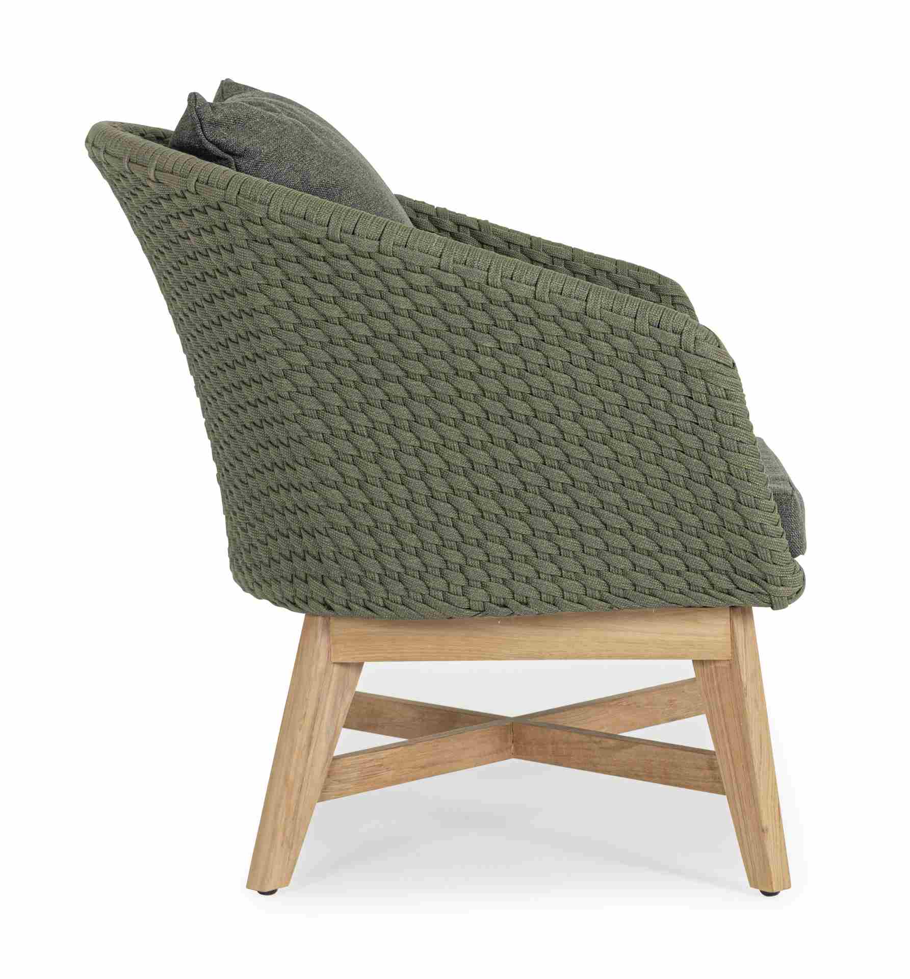 Der Gartensessel Coachella überzeugt mit seinem modernen Design. Gefertigt wurde er aus Olefin-Stoff, welcher einen grünen Farbton besitzt. Das Gestell ist aus Teakholz und hat eine natürliche Farbe. Der Sessel verfügt über eine Sitzhöhe von 39 cm und ist