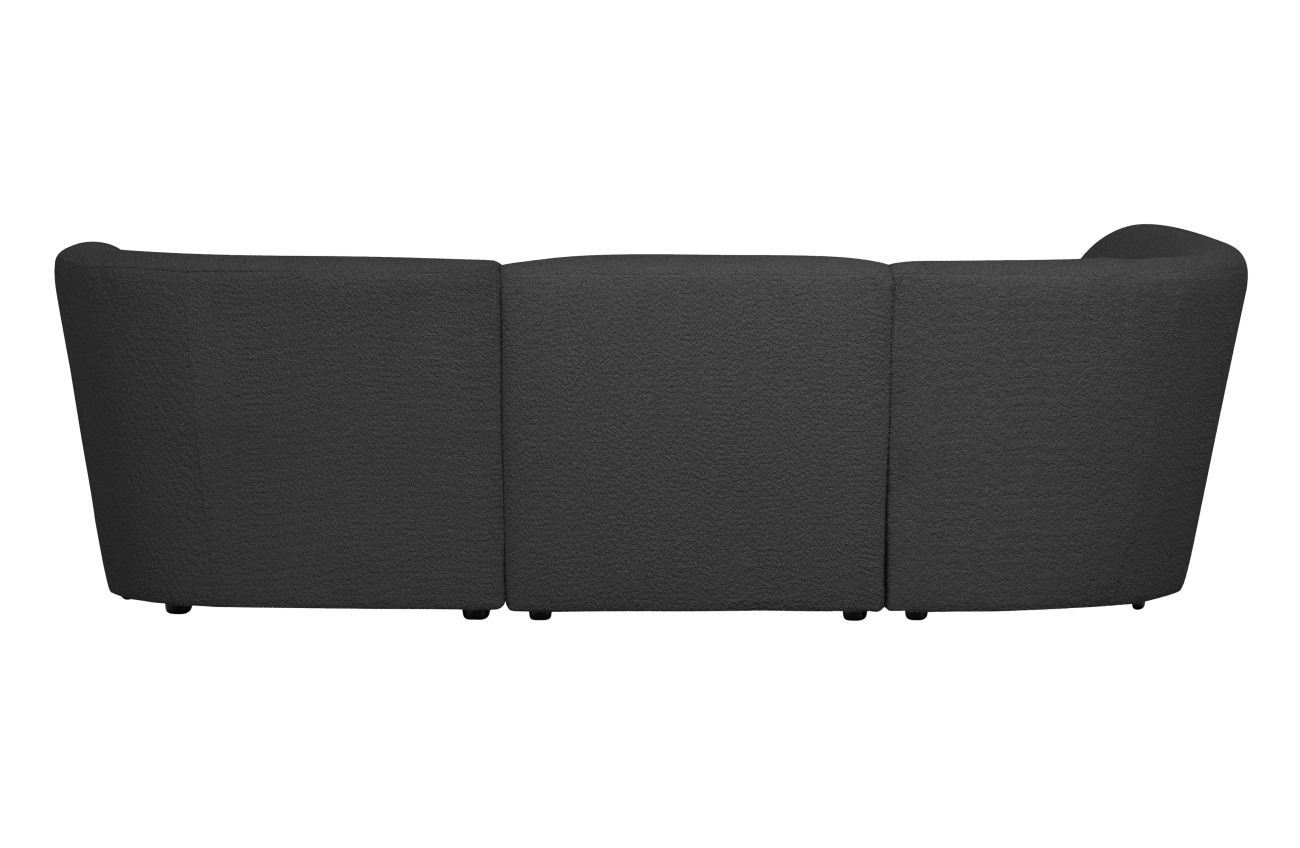 Das Ecksofa Coco überzeugt mit seinem modernen Design. Gefertigt wurde es aus Boucle-Stoff, welches einen dunkelgrauen Farbton besitzt. Die Füße ist aus Kunststoff und hat eine schwarze Farbe. Das Sofa hat eine Größe von 230x138x70 cm.