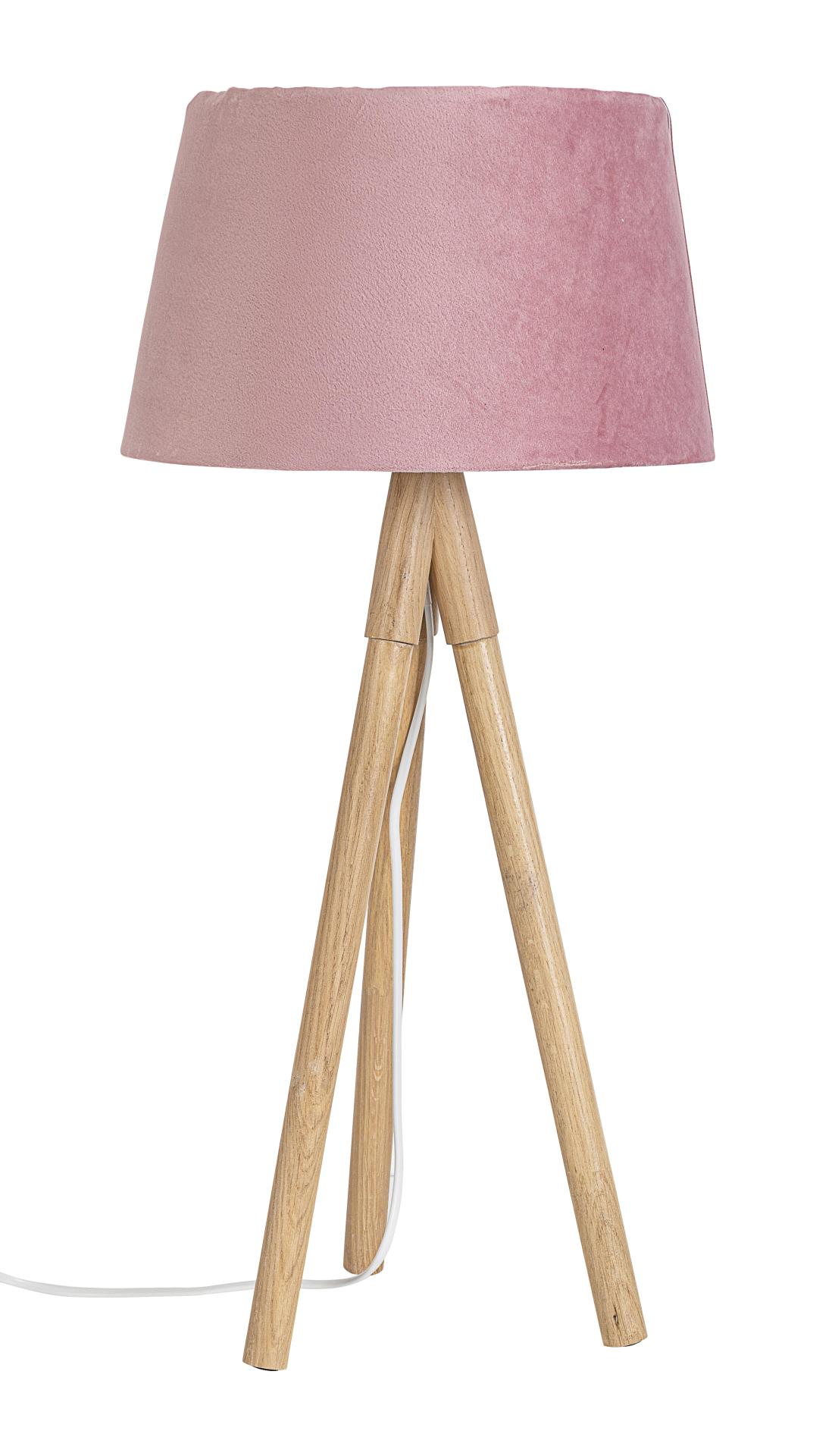 Die Tischleuchte Wallas überzeugt mit ihrem klassischen Design. Gefertigt wurde sie aus Tannenholz, welches einen natürlichen Farbton besitzt. Der Lampenschirm ist aus Samt und hat eine rosa Farbe. Die Lampe besitzt eine Höhe von 69 cm.