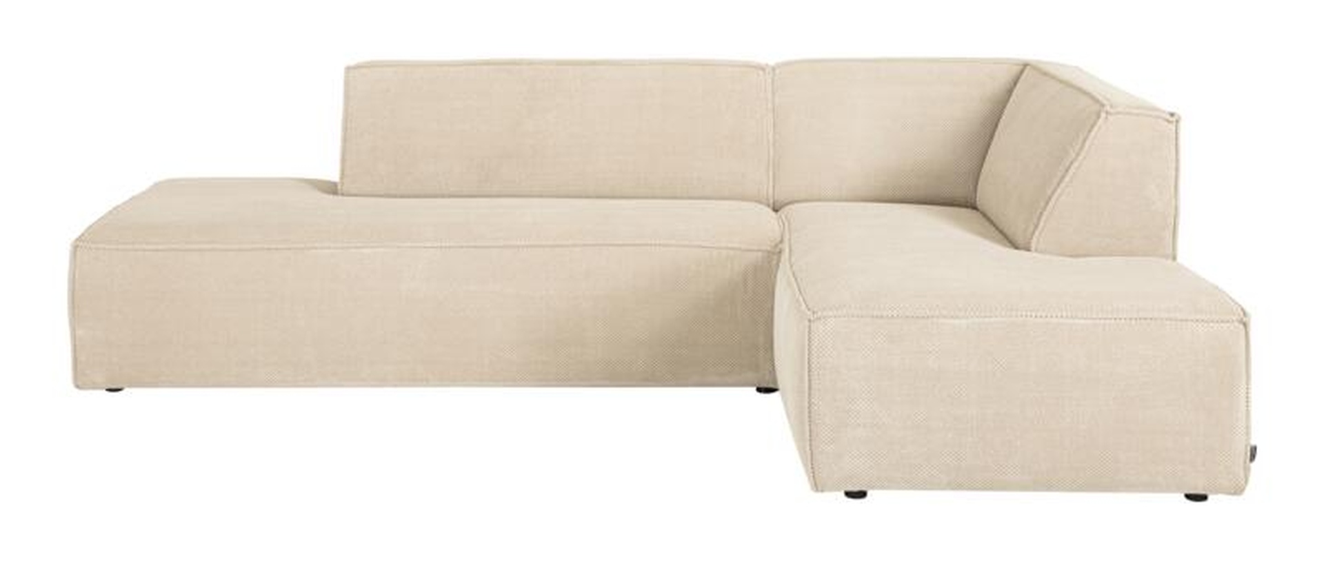 Das Ecksofa Cliff wurde aus weichem Stoff gefertigt, welcher einen Beigen Farbton besitzt. Das Sofa überzeugt mit seinem modernem Design. Diese Variante hat die Ausführung Rechts.