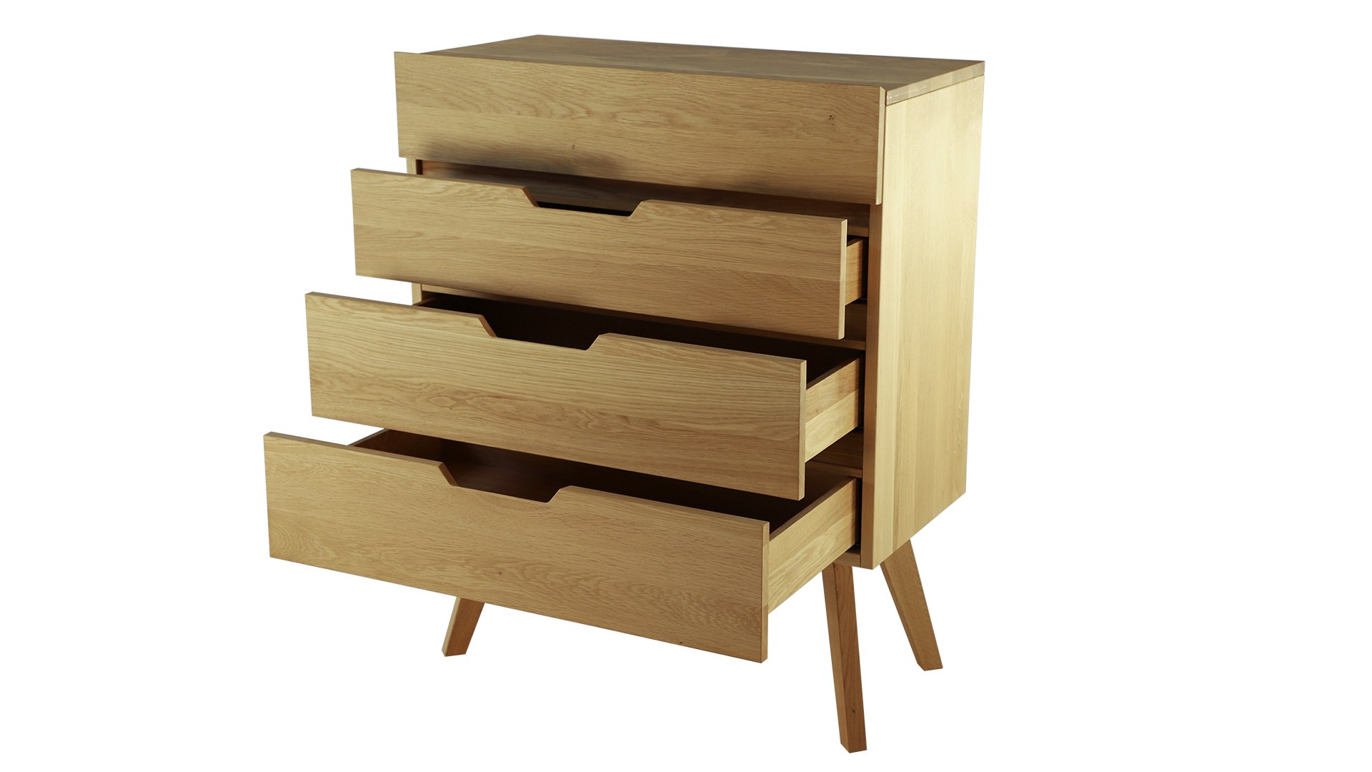 Das Kommode Dweller im Skandinavisch Design verfügt über vier Schubladen. Gefertigt wurde es aus Eichenholz. Designet wurde das Sideboard von der Marke Jan Kurtz.