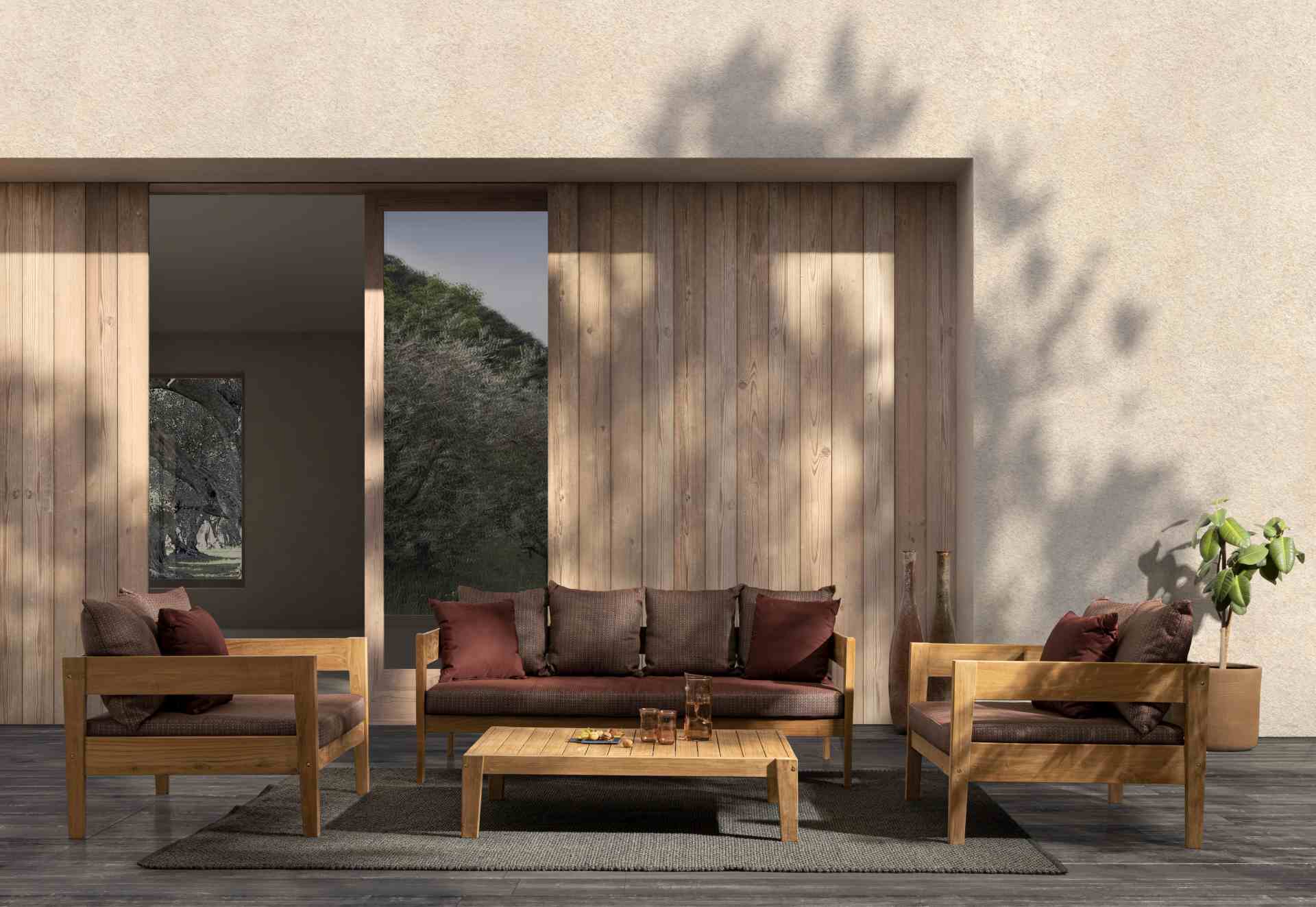 Das Gartensofa Kobo überzeugt mit seinem klassischen Design. Gefertigt wurde es aus Teakholz, welche einen natürlichen Farbton besitzt. Die Kissen und Auflagen haben eine rote Farbe. Das Sofa verfügt über eine Sitzhöhe von 41 cm und ist für den Outdoor Be