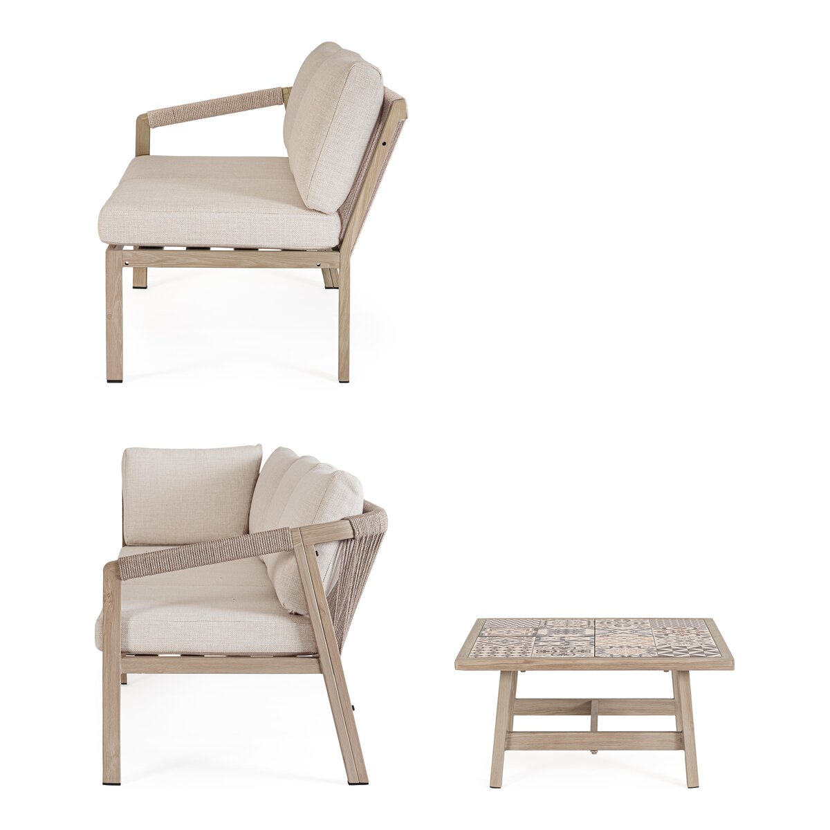 Gartenecksofa Kalimera - Aluminium Timber Natur, Olefin Beige, inkl. Couchtisch