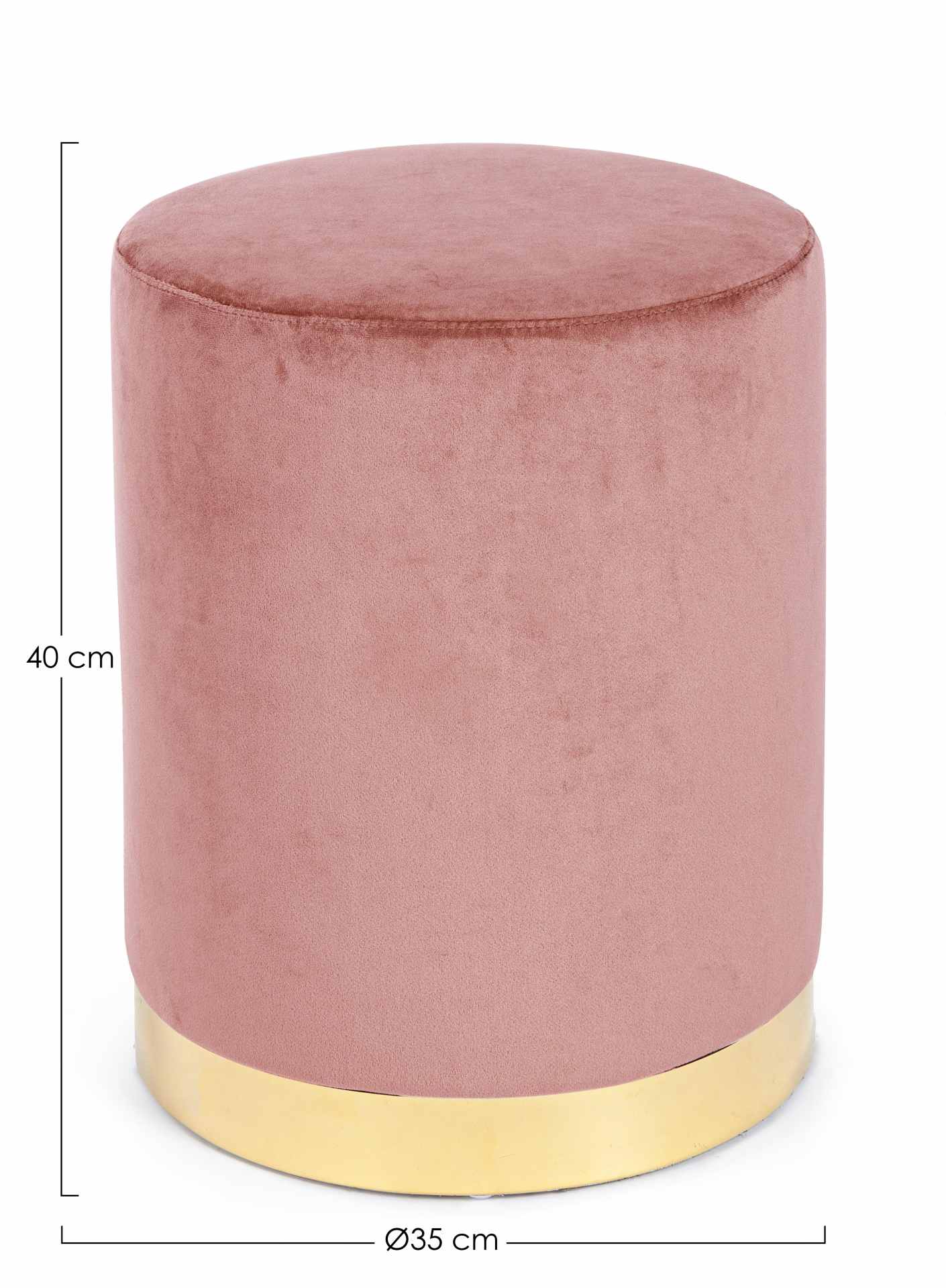 Der Pouf Lucilla überzeugt mit seinem modernen Design. Gefertigt wurde er aus Stoff in Samt-Optik, welcher einen rosa Farbton besitzt. Das Gestell ist aus Metall und hat eine goldene Farbe. Der Durchmesser beträgt 35 cm.