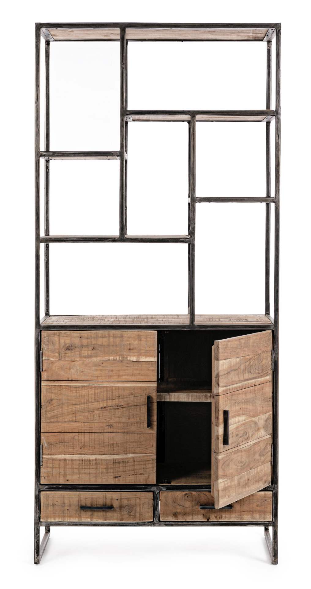 Das Bücherregal Elmer überzeugt mit seinem klassischen Design. Gefertigt wurde es aus Akazienholz, welches einen natürlichen Farbton besitzt. Das Gestell ist aus Metall und hat eine schwarze Farbe. Das Bücherregal verfügt über zwei Schubladen und zwei Tür