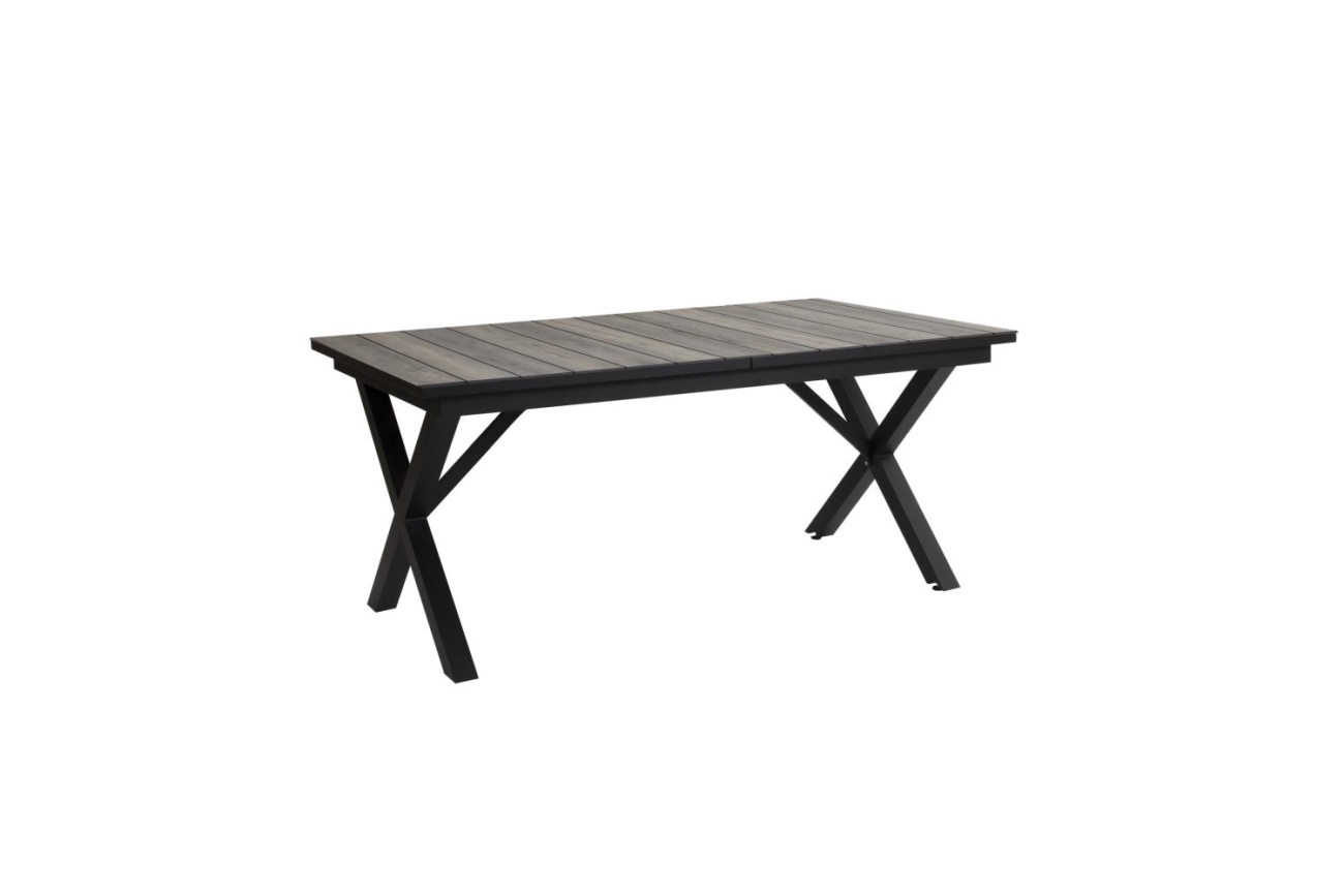 Der Gartenesstisch Hillmond überzeugt mit seinem modernen Design. Gefertigt wurde die Tischplatte aus Holz und besitzt einen dunkelgrauen Farbton. Das Gestell ist auch aus Metall und hat eine schwarze Farbe. Der Tisch besitzt eine Länger von 166 cm welche