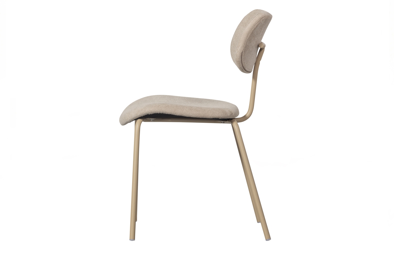 Der Esszimmerstuhl Link überzeugt mit seinem modernen Design. Gefertigt wurde er aus geripptem Stoff, welcher einen Sand Farbton besitzt. Das Gestell ist auch aus Metall und hat eine Sand Farbe. Die Sitzhöhe des Stuhls beträgt 47 cm