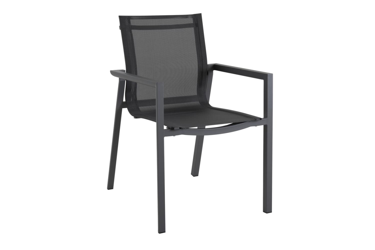 Der Gartenstuhl Delia überzeugt mit seinem modernen Design. Gefertigt wurde er aus Textilene, welches einen Anthrazit Farbton besitzt. Das Gestell ist aus Metall und hat eine schwarze Farbe. Die Sitzhöhe des Stuhls beträgt 43 cm.