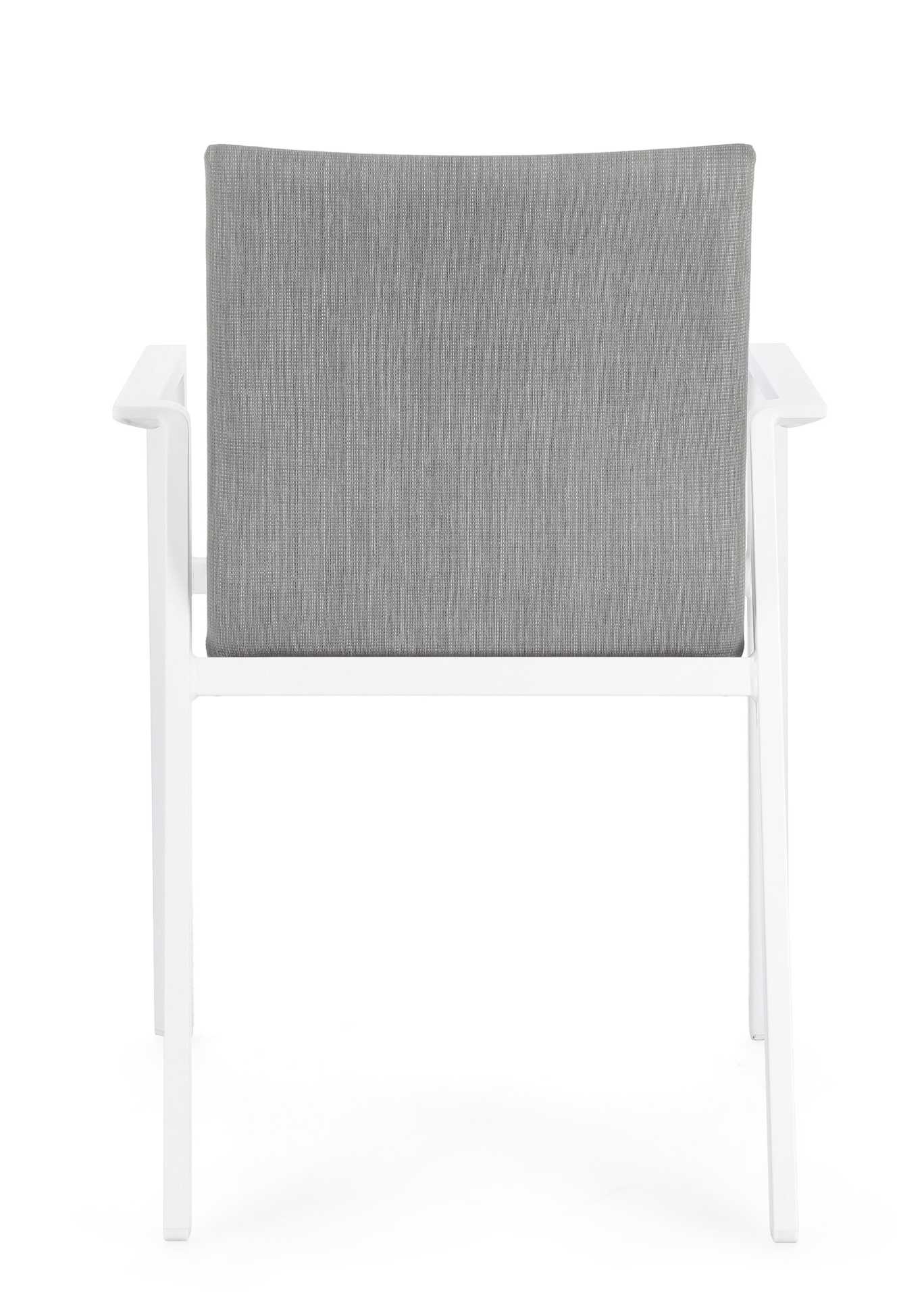 Der Gartenstuhl Odeon überzeugt mit seinem modernen Design. Gefertigt wurde er aus einem Mischstoff, welcher einen grauen Farbton besitzt. Das Gestell ist aus Aluminium und hat auch eine weiße Farbe. Der Stuhl verfügt über eine Sitzhöhe von 47 cm und ist 