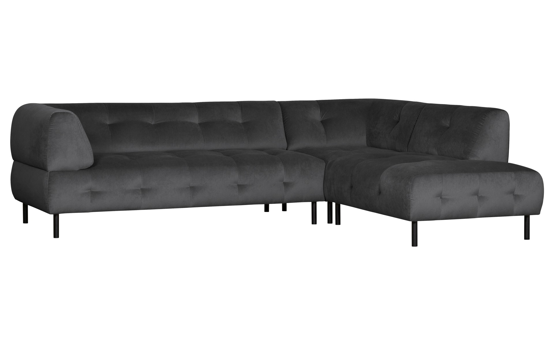 Das Ecksofa Lloyd überzeugt mit seinem modernem Design. Gefertigt wurde das Sofa aus einem Samt Bezug, welcher einen Schwarz Farbton besitzt. Die Beine sind aus Metall und sind schwarz.