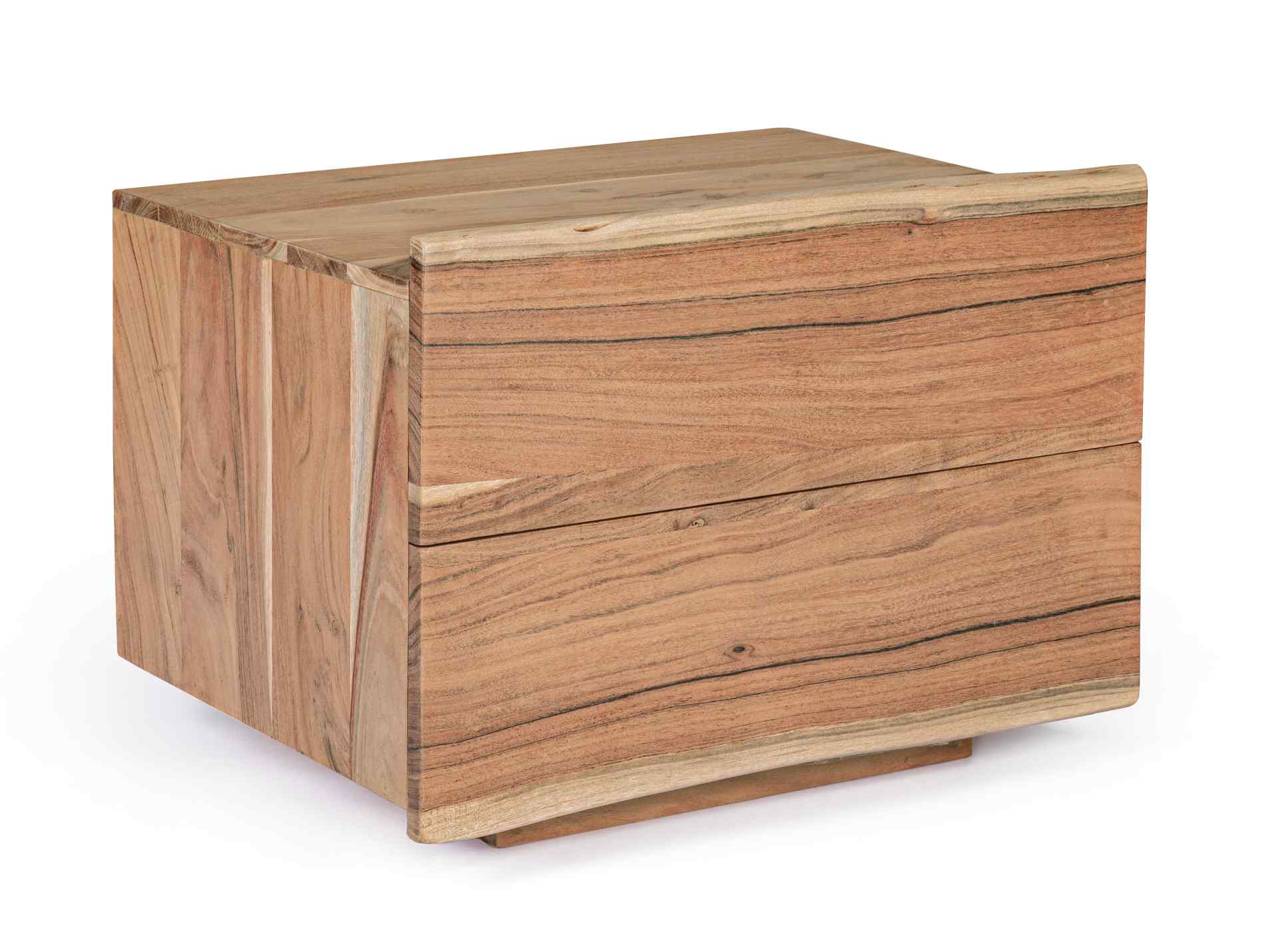 Der Nachttisch Aron überzeugt mit seinem klassischen Design. Gefertigt wurde er aus Akazienholz, welches einen natürlichen Farbton besitzt. Das Gestell ist auch aus Akazienholz. Der Nachttisch verfügt über zwei Schubladen. Die Breite beträgt 60 cm.