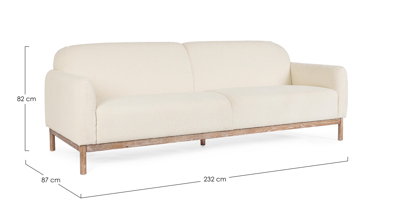 Das Sofa Detroit überzeugt mit seinem modernen Stil. Gefertigt wurde es aus Bouclè-Stoff, welcher einen Creme Farbton besitzt. Das Gestell ist aus Eschenholz und hat eine natürliche Farbe. Das Sofa ist in der Ausführung 3-Sitzer.