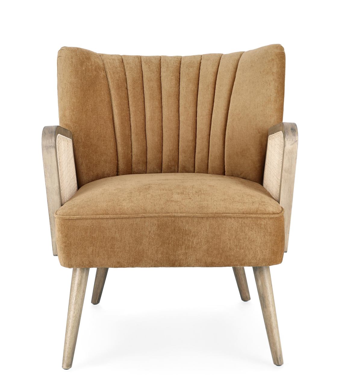 Der Sessel Virna überzeugt mit seinem modernen Stil. Gefertigt wurde er aus einem Stoff-Bezug, welcher einen Senf Farbton besitzt. Das Gestell ist aus Kautschukholz und hat eine braune Farbe. Der Sessel verfügt über eine Armlehne.