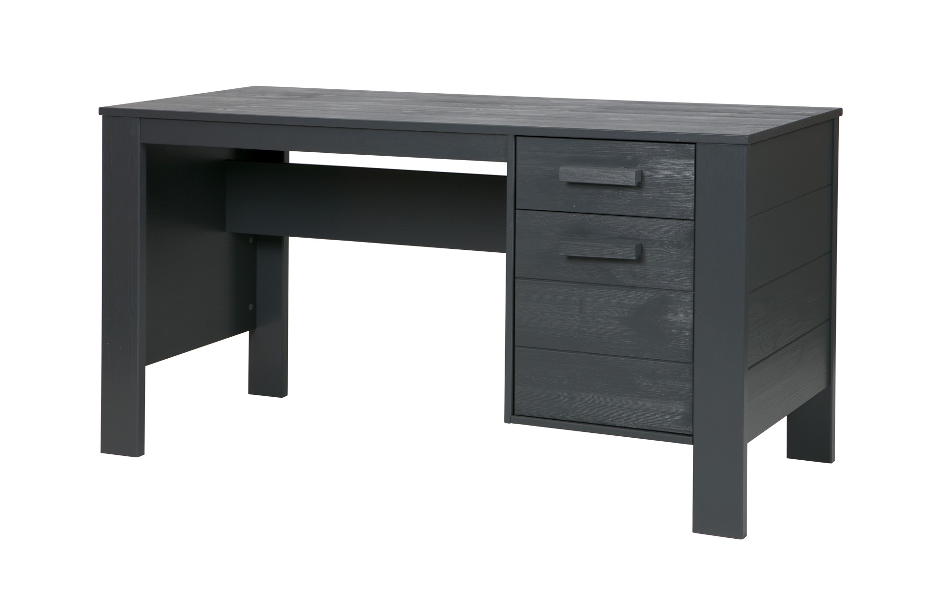 Der Schreibtisch Dennis wurde aus Kiefernholz gefertigt und besitzt einen dunkelgrauen Farbton. Der Tisch verfügt über eine Schublade und eine Tür für Stauraum.