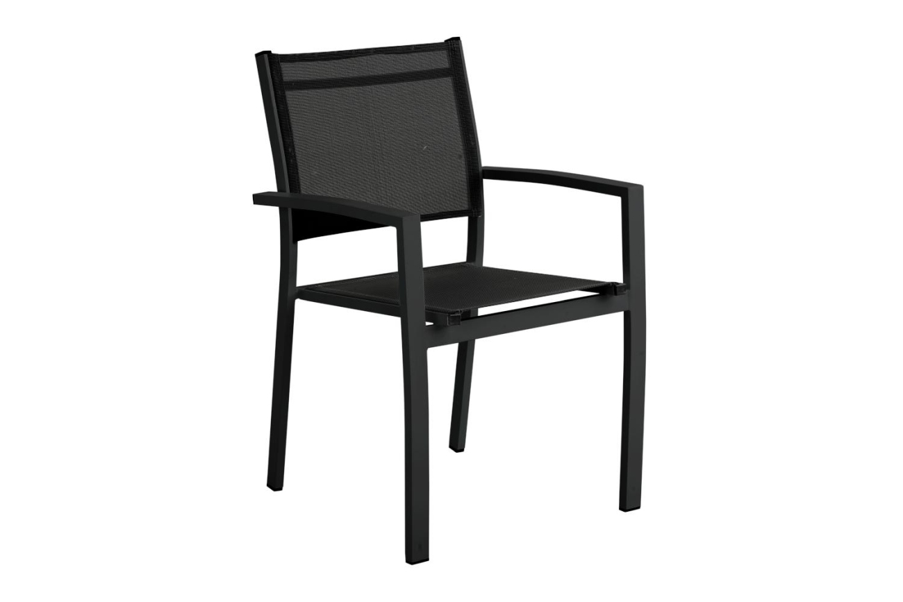 Der Gartenstuhl Rana überzeugt mit seinem modernen Design. Gefertigt wurde er aus Textilene, welcher einen schwarzen Farbton besitzt. Das Gestell ist aus Metall und hat eine schwarze Farbe. Die Sitzhöhe des Stuhls beträgt 44 cm.