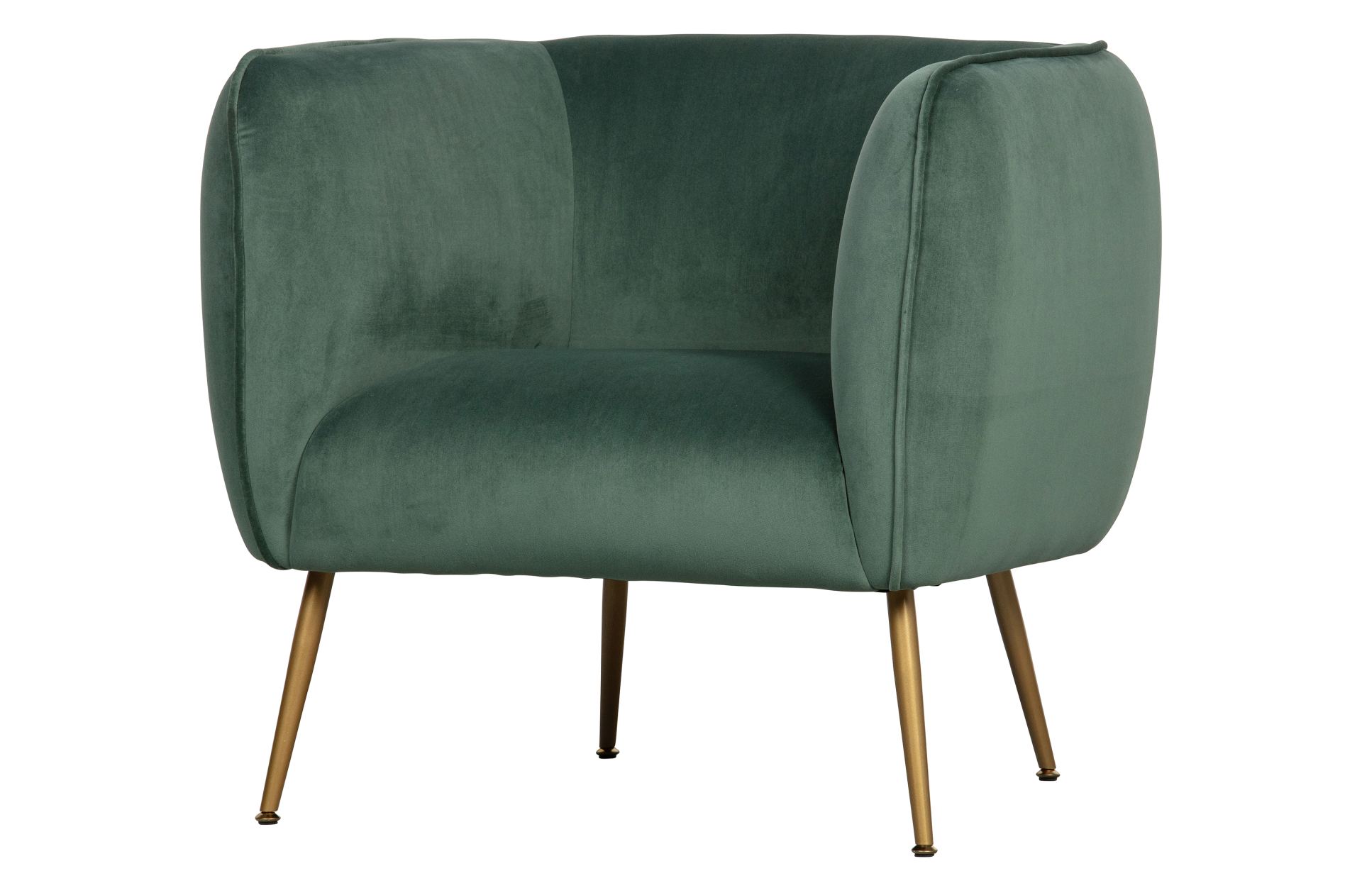 Der Sessel Scout wurde aus einem Samt Bezug gefertigt, Welches einen grünen Farbton besitzt. Das Gestell ist aus Metall und ist in einem goldenem Farbton.