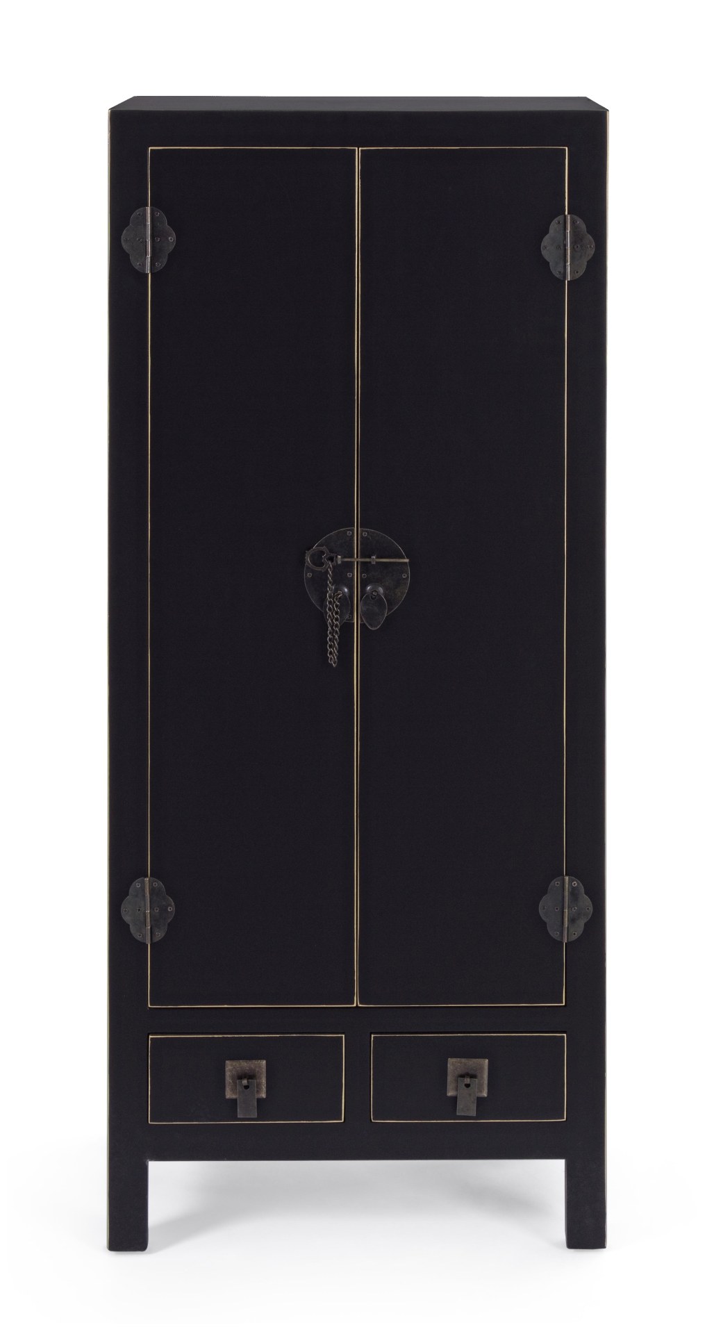 Die Kommode Pechino überzeugt mit ihrem klassischen Design. Gefertigt wurde sie aus Tannen-Holz, welches einen schwarzen Farbton besitzt. Das Gestell ist auch aus Tannen-Holz. Die Kommode verfügt über zwei Türen und zwei Schubladen. Die Breite beträgt 50 