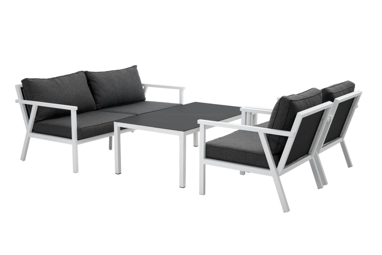 Das Garten-Set Rana No.1 überzeugt mit seinem modernen Design. Gefertigt wurde er aus Stoff, welches einen dunkelgrauen Farbton besitzt. Das Gestell ist aus Metall und hat eine weiße Farbe. Das Set wird mit zwei Sesseln, einem Tisch und einer Bank geliefe
