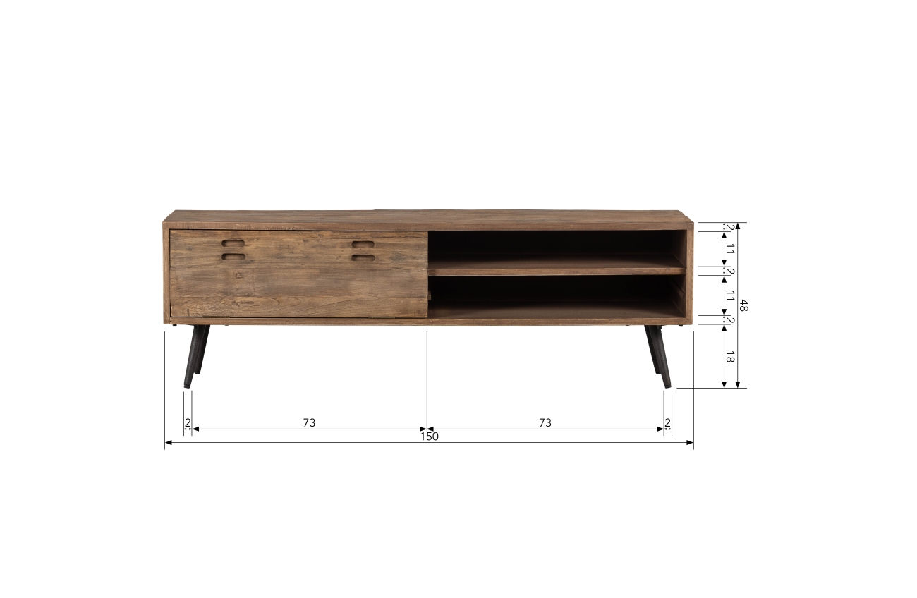 Das TV Board Maddox überzeugt mit seinem modernen Stil. Gefertigt wurde es aus recyceltem Holz, welches einen braunen Farbton besitzt. Das Gestell ist aus Metall und hat eine schwarze Farbe. Das TV Board verfügt über eine Klapptür und zwei Fächer. Es hat 