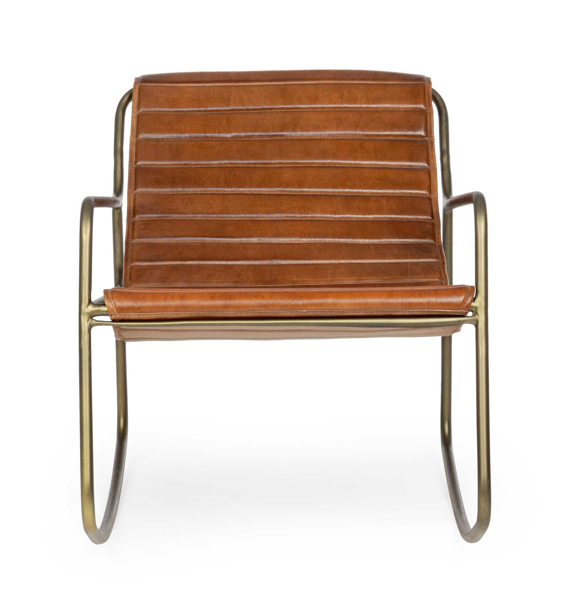 Der Sessel Karisma überzeugt mit seinem klassischen Design. Gefertigt wurde er aus Leder, welches einen Cognac Farbton besitzt. Das Gestell ist aus Metall und hat eine goldene Farbe. Der Sessel besitzt eine Sitzhöhe von 44 cm. Die Breite beträgt 59 cm.