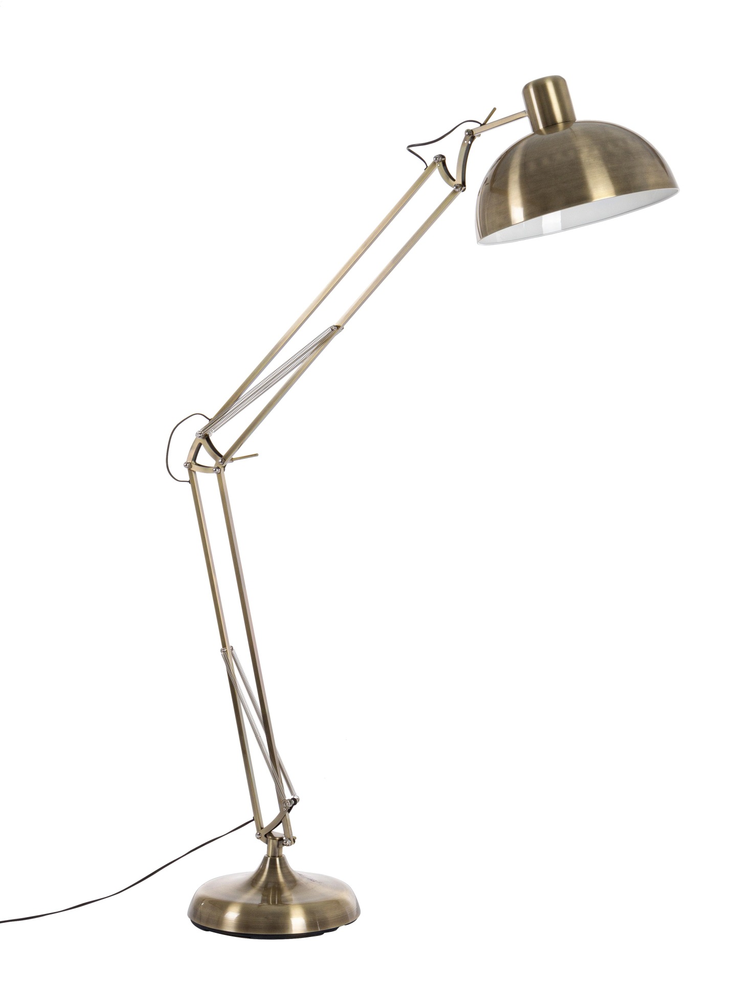 Die Stehleuchte Big überzeugt mit ihrem klassischen Design. Gefertigt wurde sie aus Metall, welches einen Messing Farbton besitzt. Der Lampenschirm ist auch aus Metall. Die Lampe besitzt eine Höhe von 180 cm.
