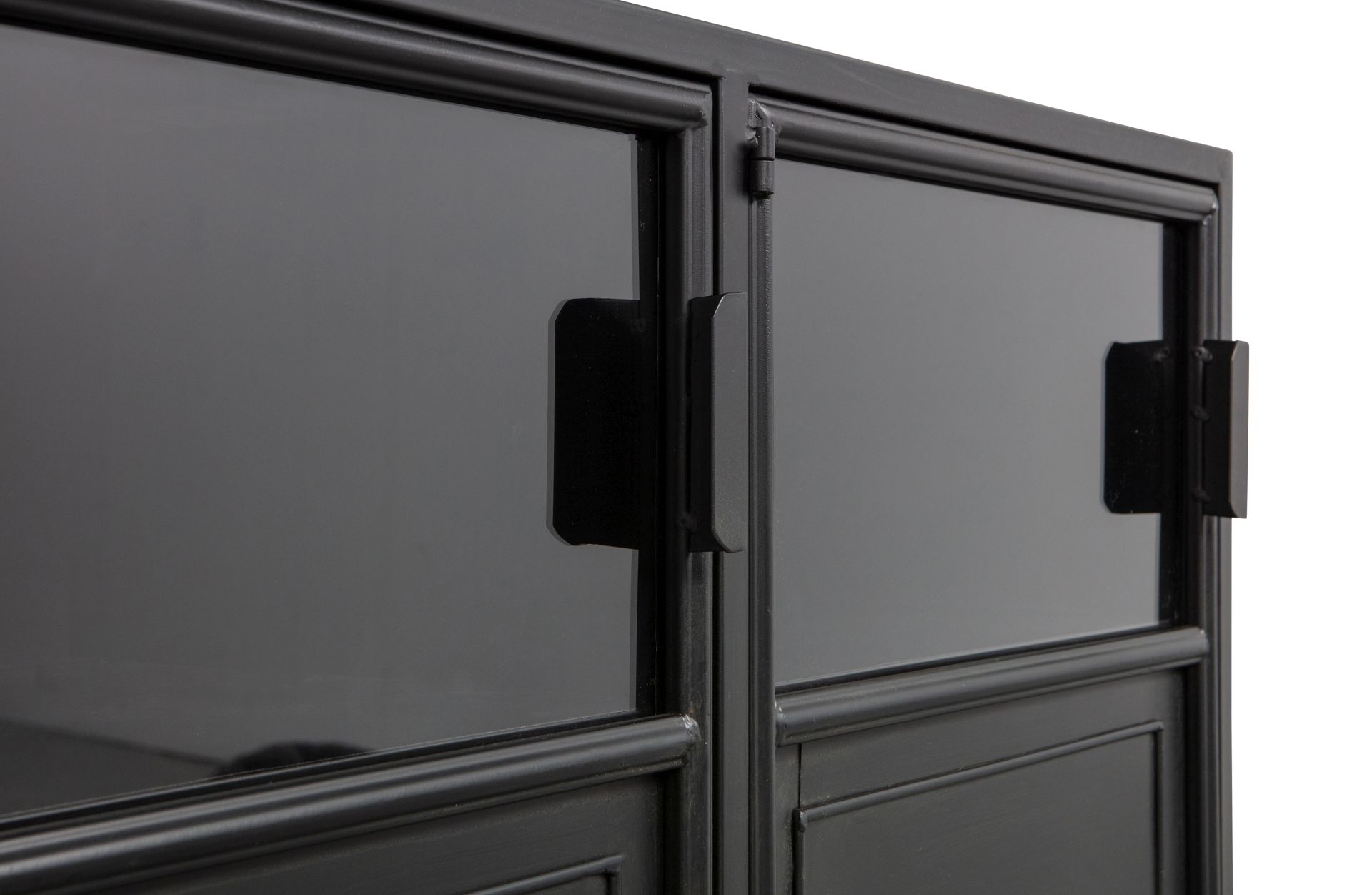 Das Sideboard Ronja überzeugt mit seinem industriellem Design. Gefertigt wurde es aus Metall, welches einen schwarzen Farbton besitzt. Die Türen sind aus Metall und Glas. Die Vitrine verfügt über drei Türen.